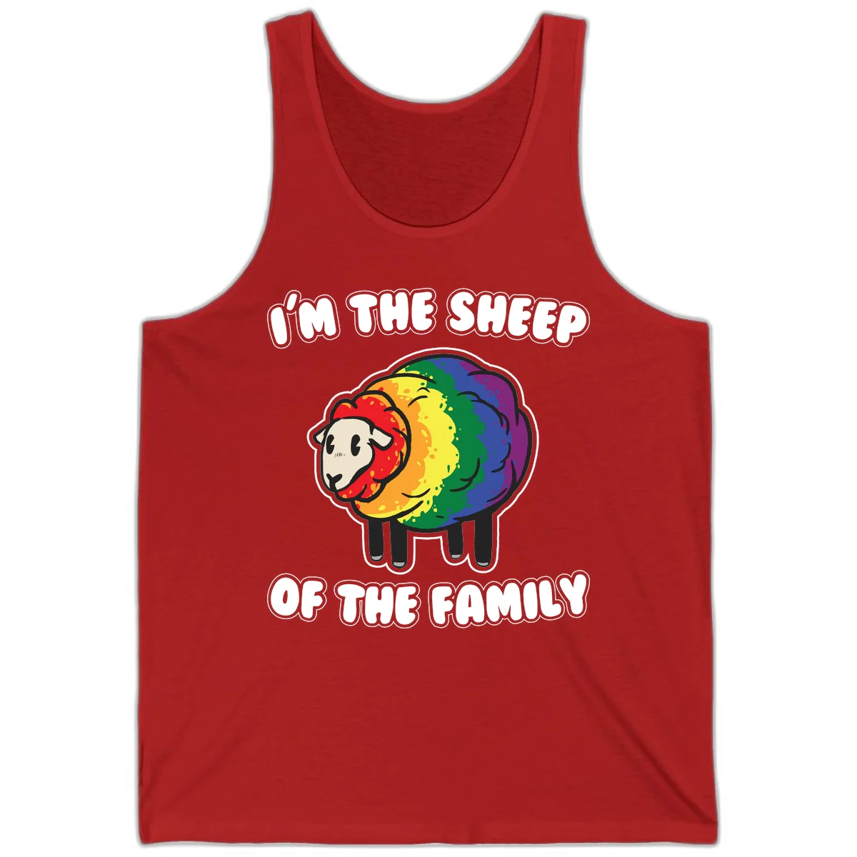 Cartoon rainbow sheep with pride flag colors wool and text reading 'I'm The Sheep Of The Family' in Red