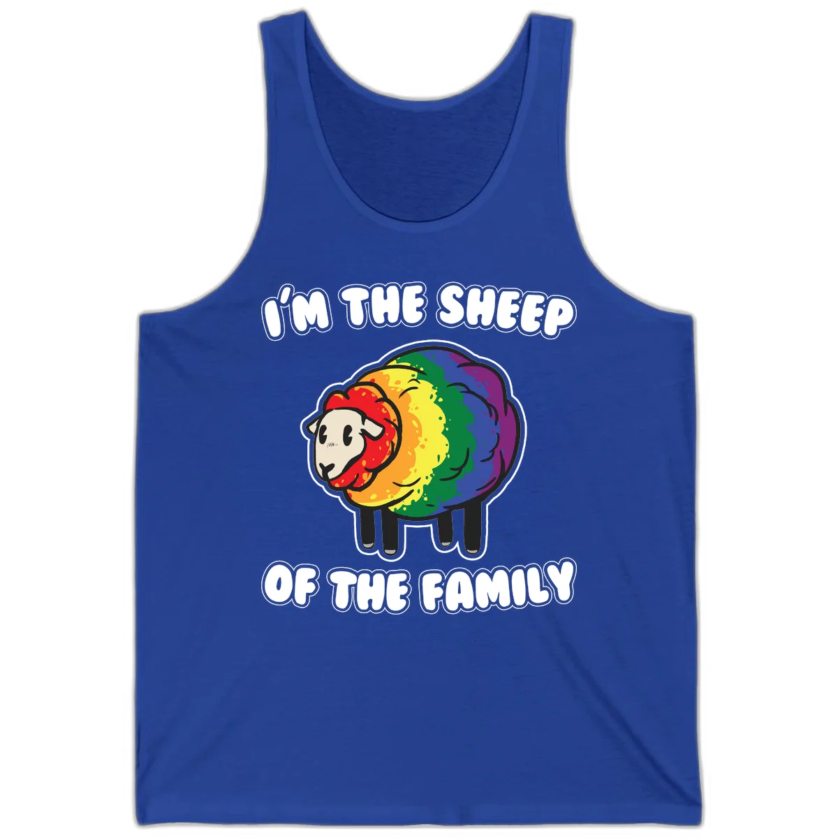 Cartoon rainbow sheep with pride flag colors wool and text reading 'I'm The Sheep Of The Family' in True Royal