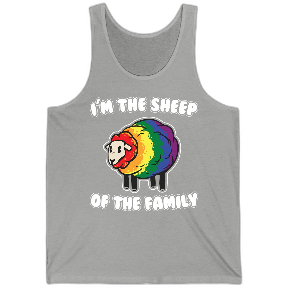 Cartoon rainbow sheep with pride flag colors wool and text reading 'I'm The Sheep Of The Family' in Athletic Heather