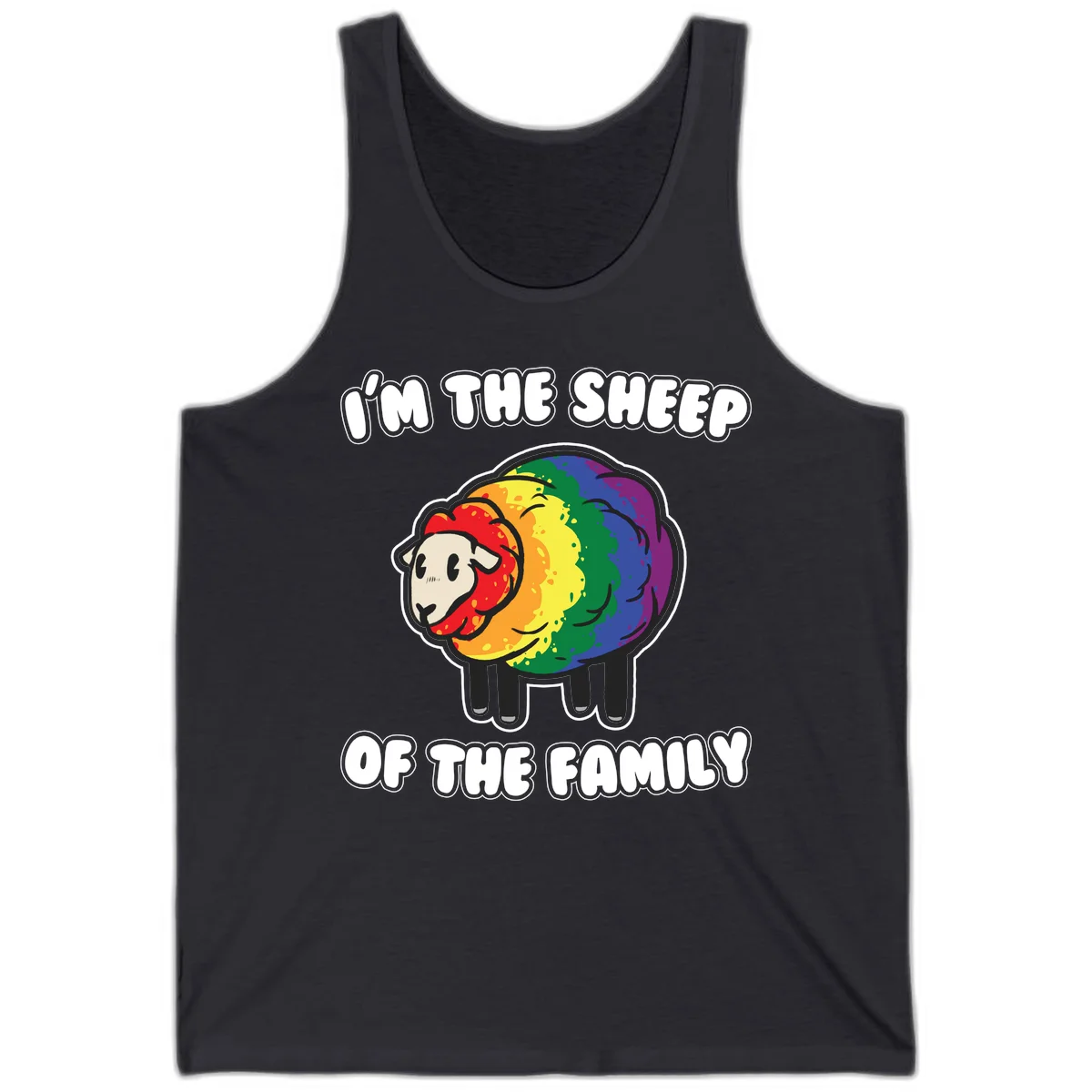 Cartoon rainbow sheep with pride flag colors wool and text reading 'I'm The Sheep Of The Family' in Dark Grey