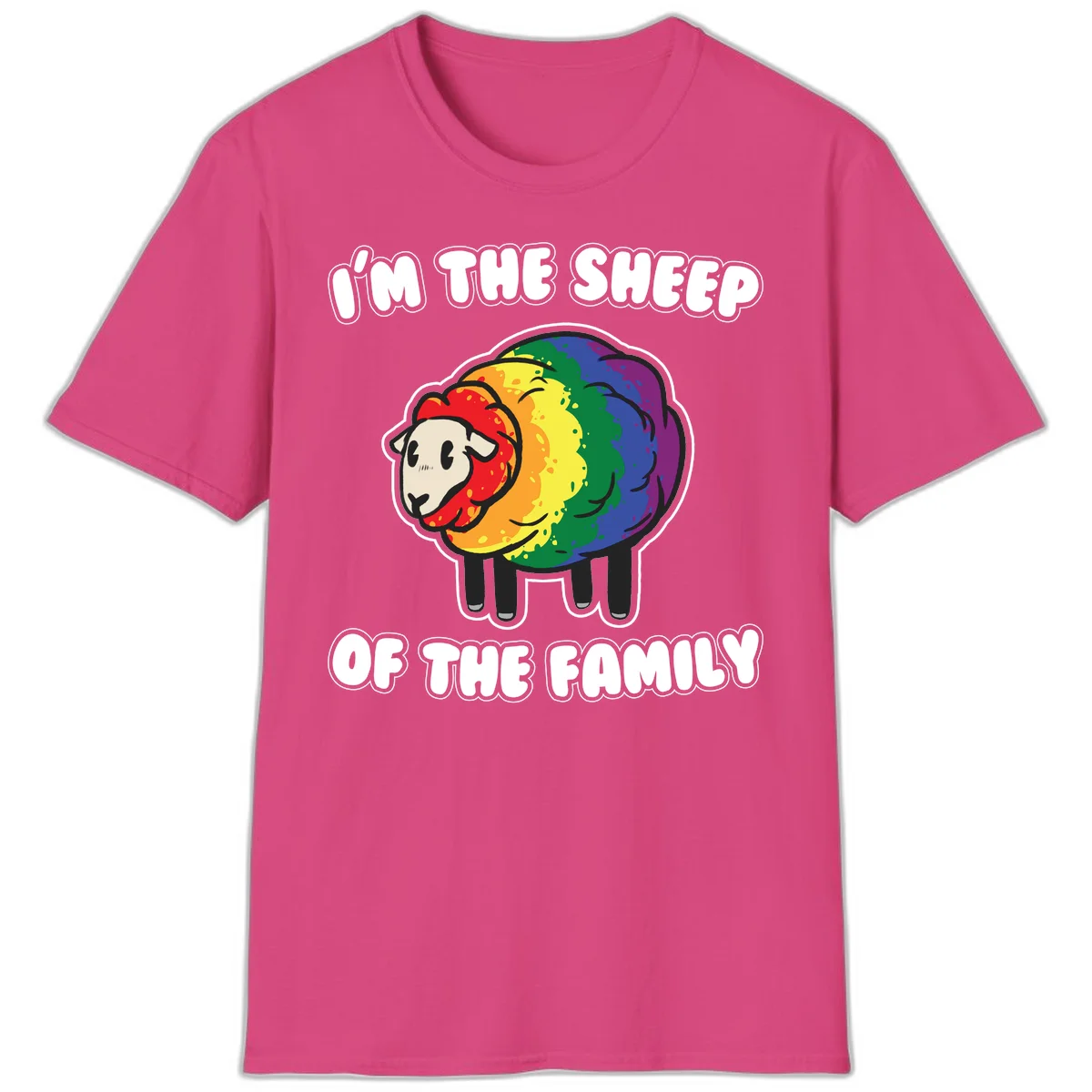 Cartoon rainbow sheep with pride flag colors wool and text reading 'I'm The Sheep Of The Family' in Heliconia