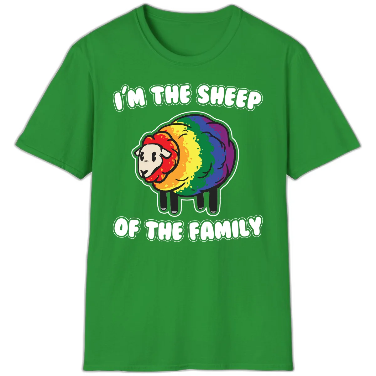 Cartoon rainbow sheep with pride flag colors wool and text reading 'I'm The Sheep Of The Family' in Irish Green