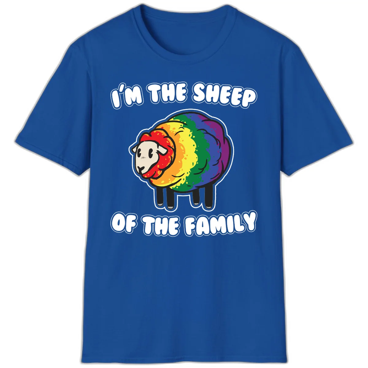 Cartoon rainbow sheep with pride flag colors wool and text reading 'I'm The Sheep Of The Family' in Royal