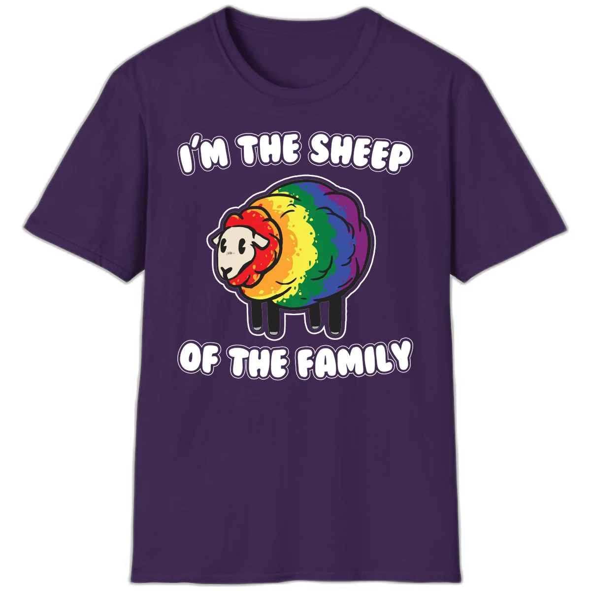 Cartoon rainbow sheep with pride flag colors wool and text reading 'I'm The Sheep Of The Family' in Purple