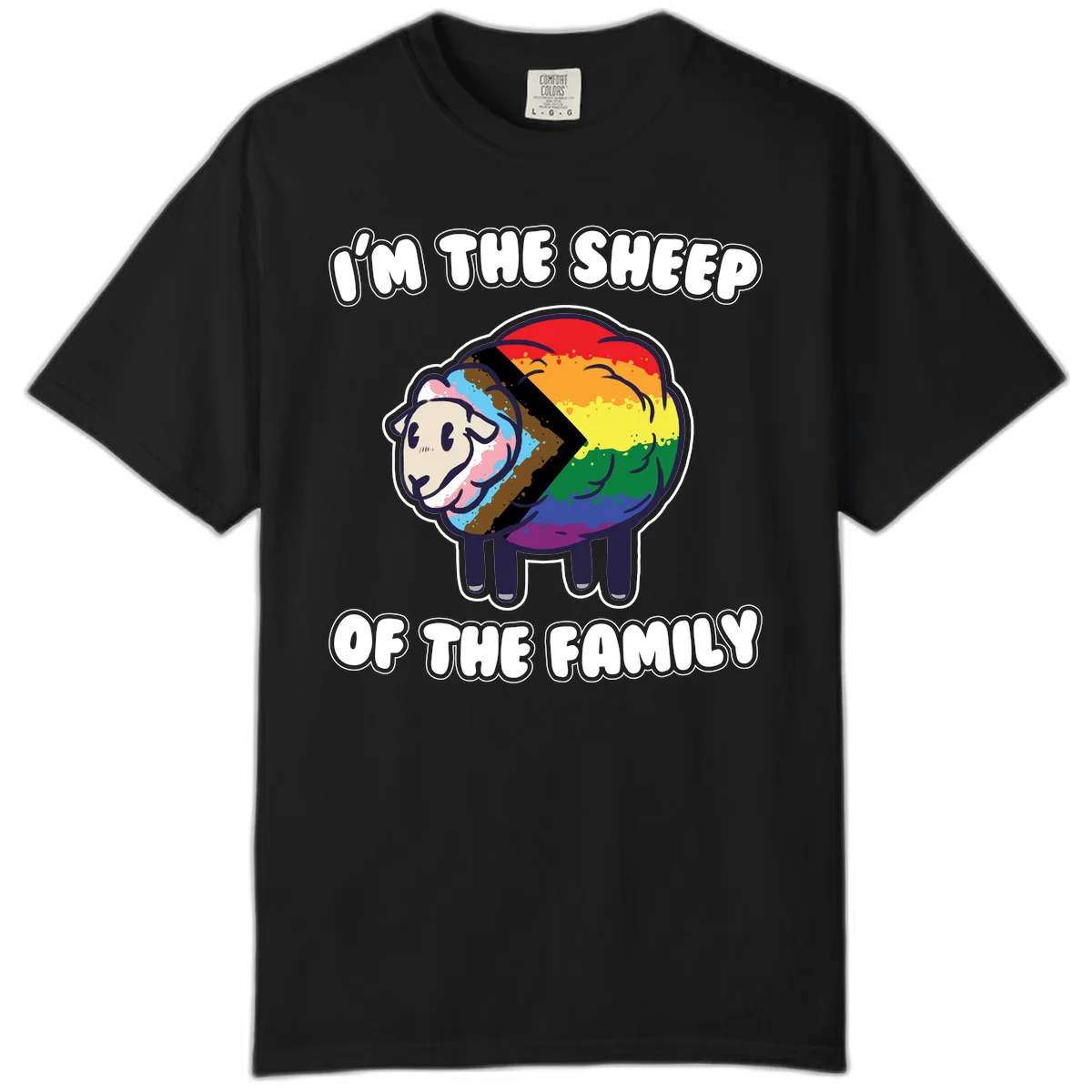Cartoon sheep filled with rainbow and progress pride flag colors with text 'I'm the sheep of the family' in Black