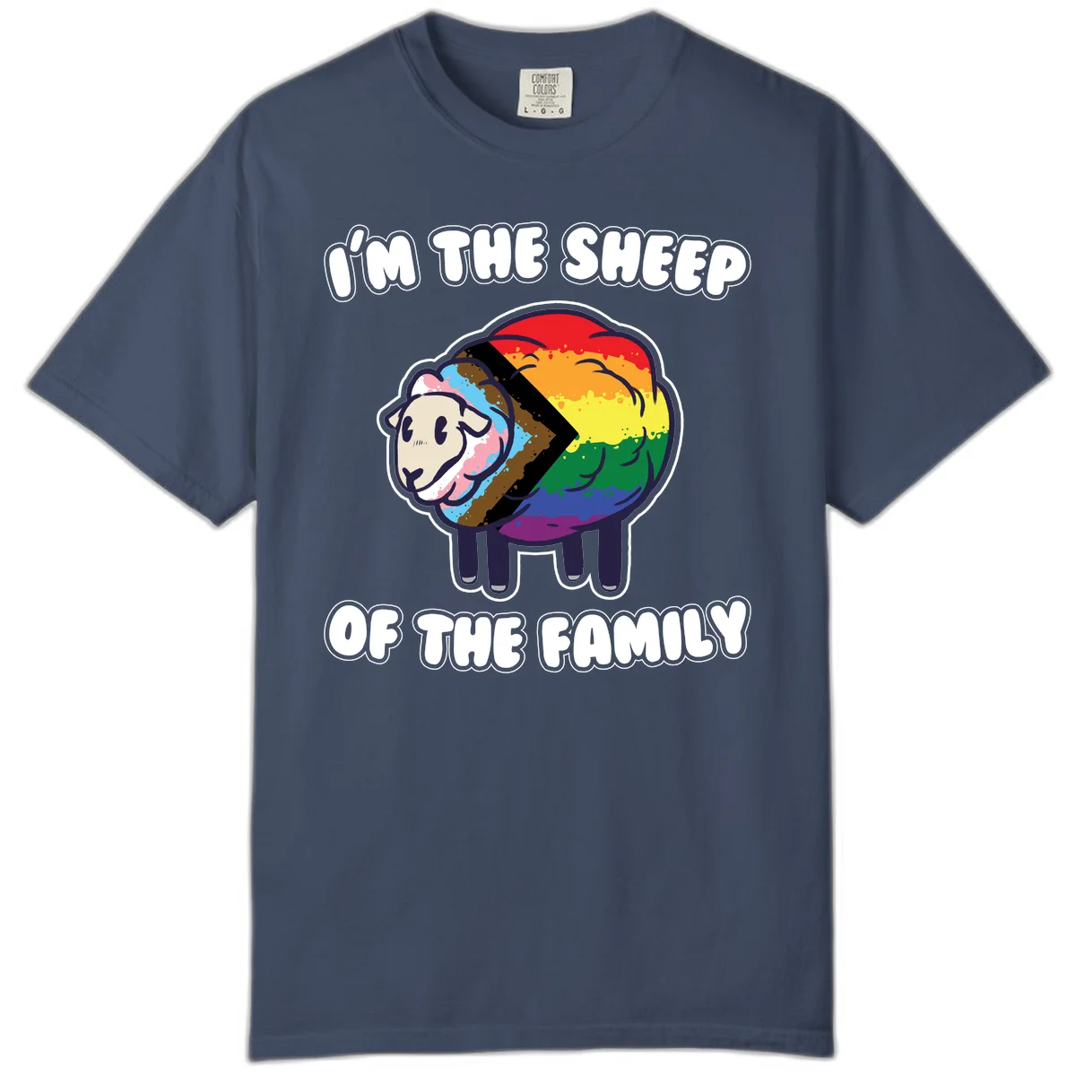 Cartoon sheep filled with rainbow and progress pride flag colors with text 'I'm the sheep of the family' in Midnight