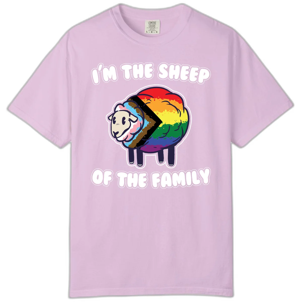 Cartoon sheep filled with rainbow and progress pride flag colors with text 'I'm the sheep of the family' in Orchid