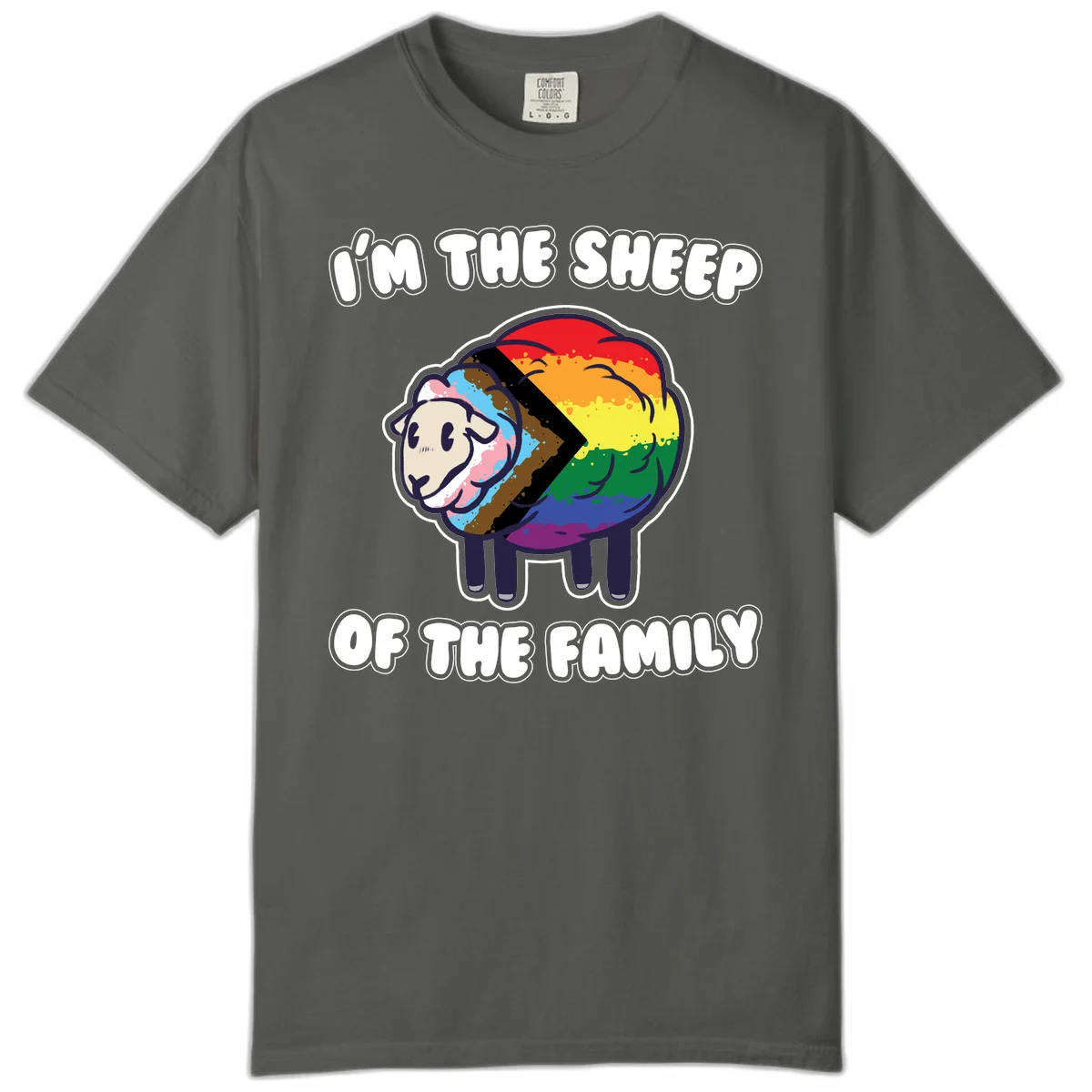 Cartoon sheep filled with rainbow and progress pride flag colors with text 'I'm the sheep of the family' in Pepper