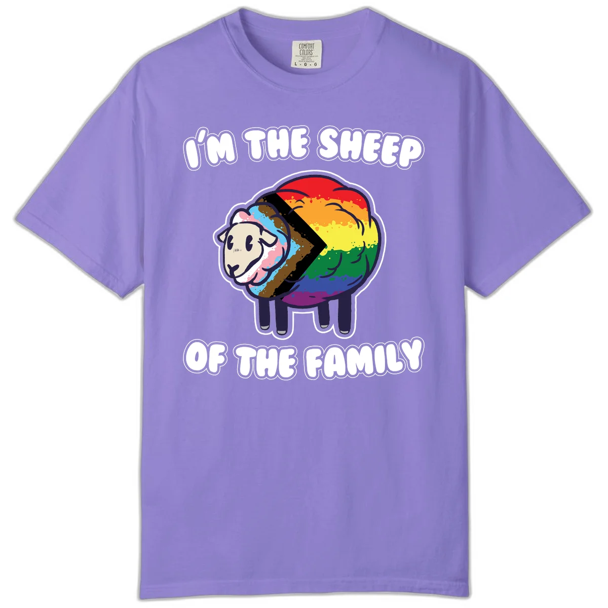 Cartoon sheep filled with rainbow and progress pride flag colors with text 'I'm the sheep of the family' in Violet