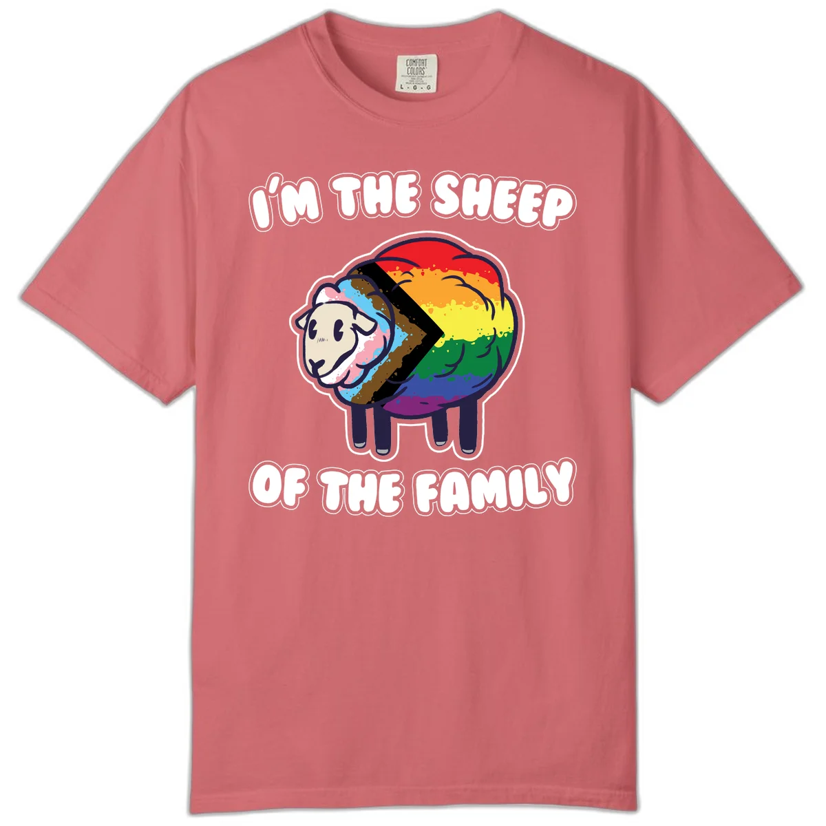 Cartoon sheep filled with rainbow and progress pride flag colors with text 'I'm the sheep of the family' in Watermelon