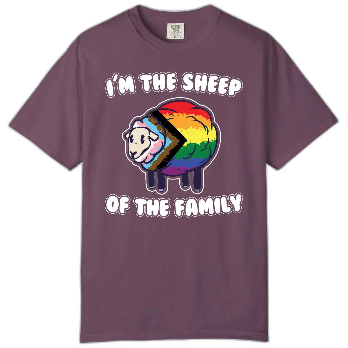 Cartoon sheep filled with rainbow and progress pride flag colors with text 'I'm the sheep of the family' in Berry