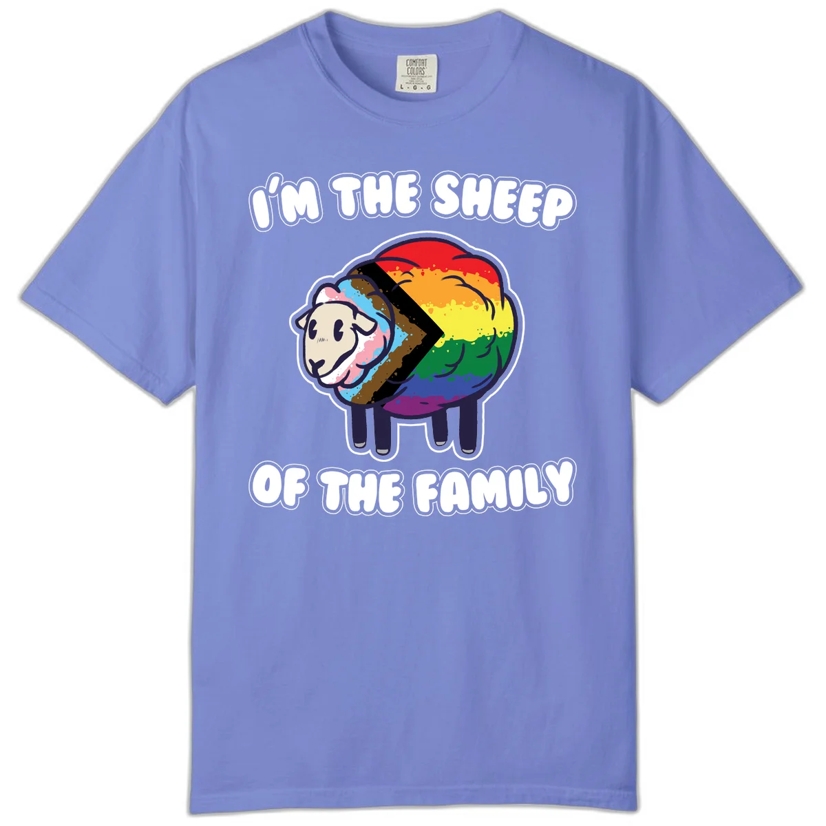 Cartoon sheep filled with rainbow and progress pride flag colors with text 'I'm the sheep of the family' in Flo Blue