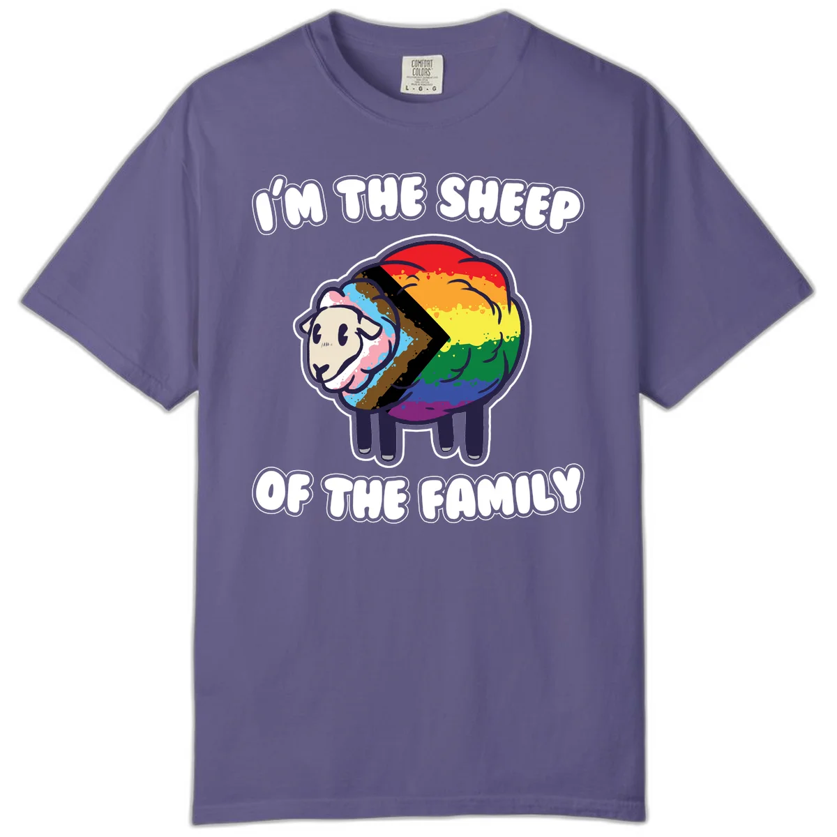 Cartoon sheep filled with rainbow and progress pride flag colors with text 'I'm the sheep of the family' in Grape