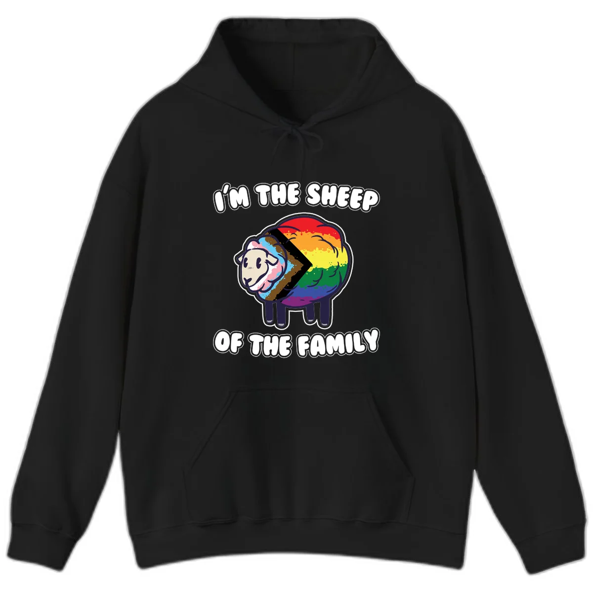 Cartoon sheep filled with rainbow and progress pride flag colors with text 'I'm the sheep of the family' in Black