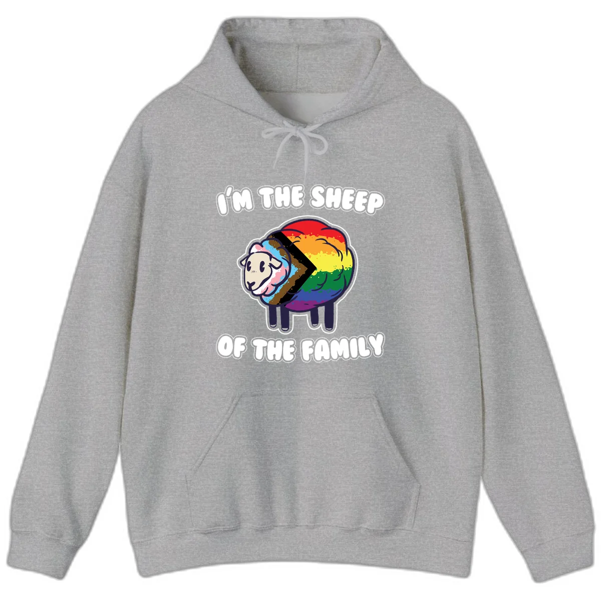 Cartoon sheep filled with rainbow and progress pride flag colors with text 'I'm the sheep of the family' in Sport Grey