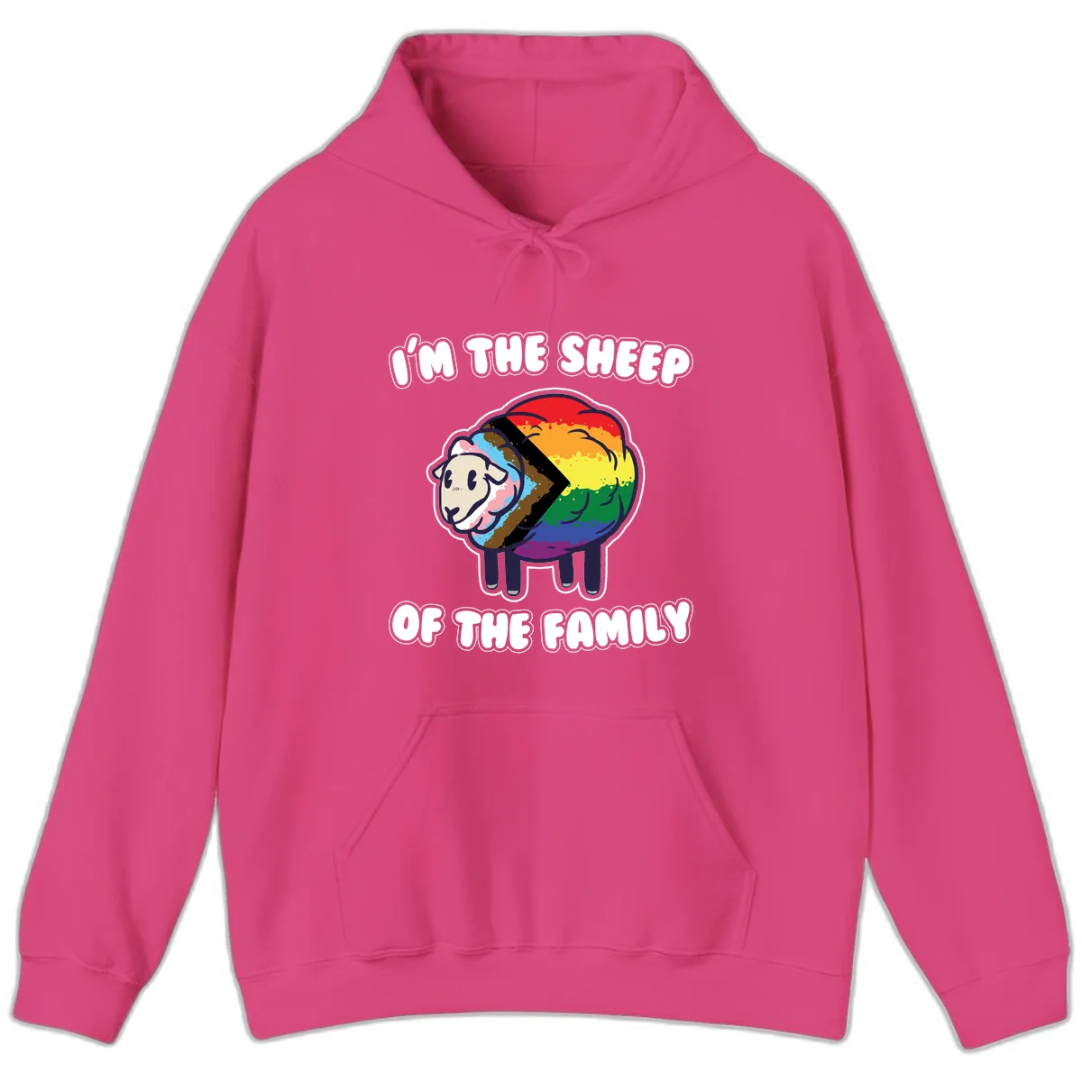 Cartoon sheep filled with rainbow and progress pride flag colors with text 'I'm the sheep of the family' in Heliconia