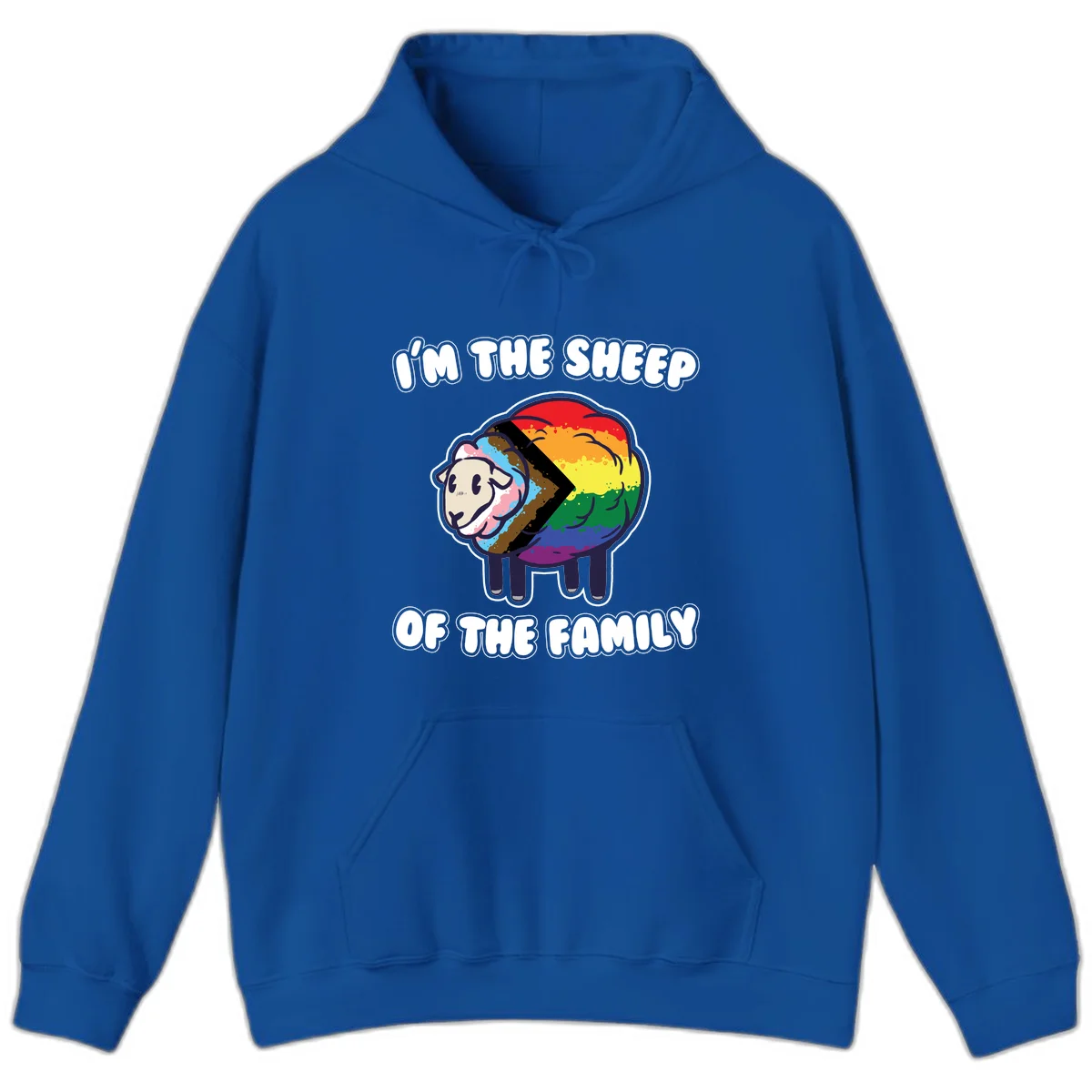 Cartoon sheep filled with rainbow and progress pride flag colors with text 'I'm the sheep of the family' in Royal