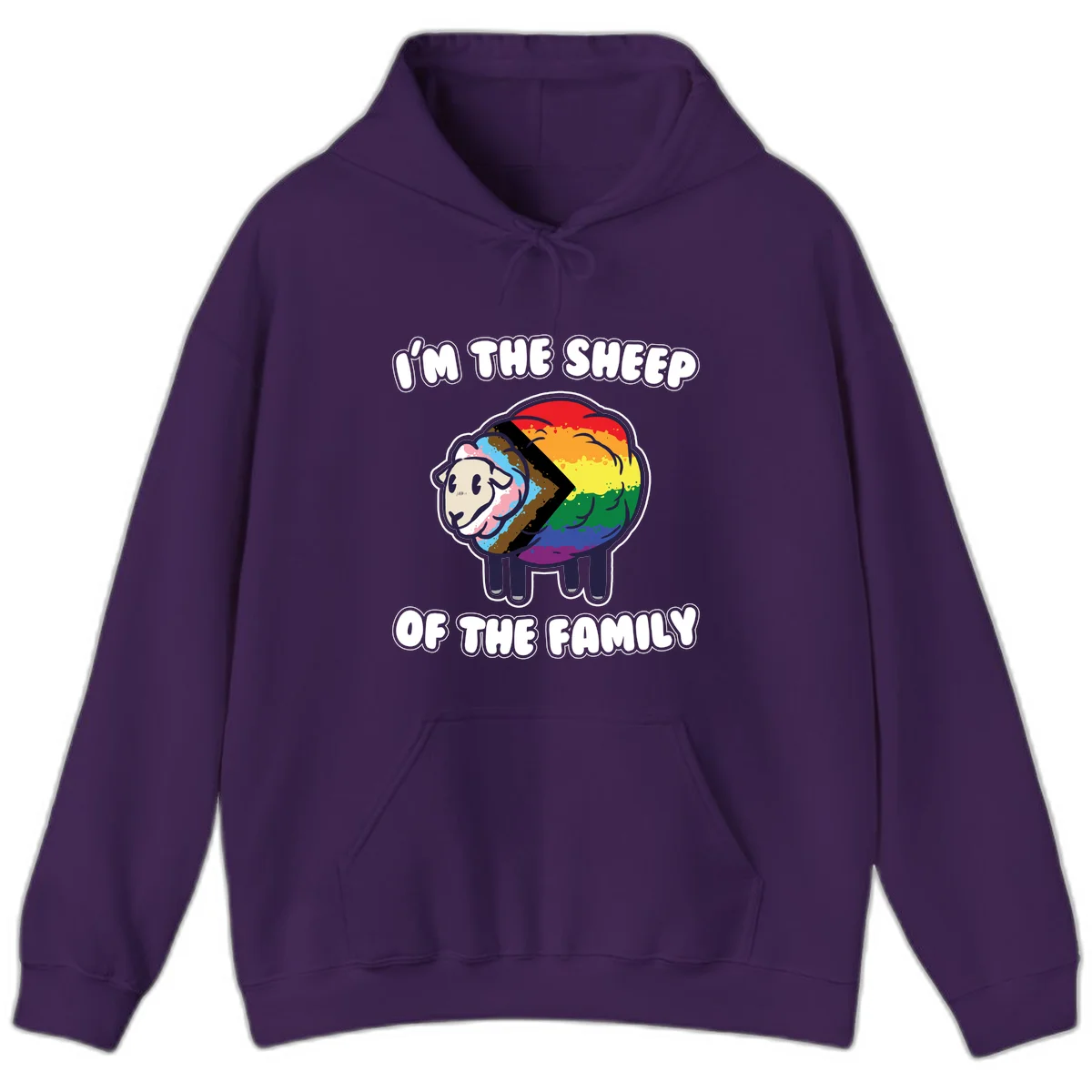 Cartoon sheep filled with rainbow and progress pride flag colors with text 'I'm the sheep of the family' in Purple