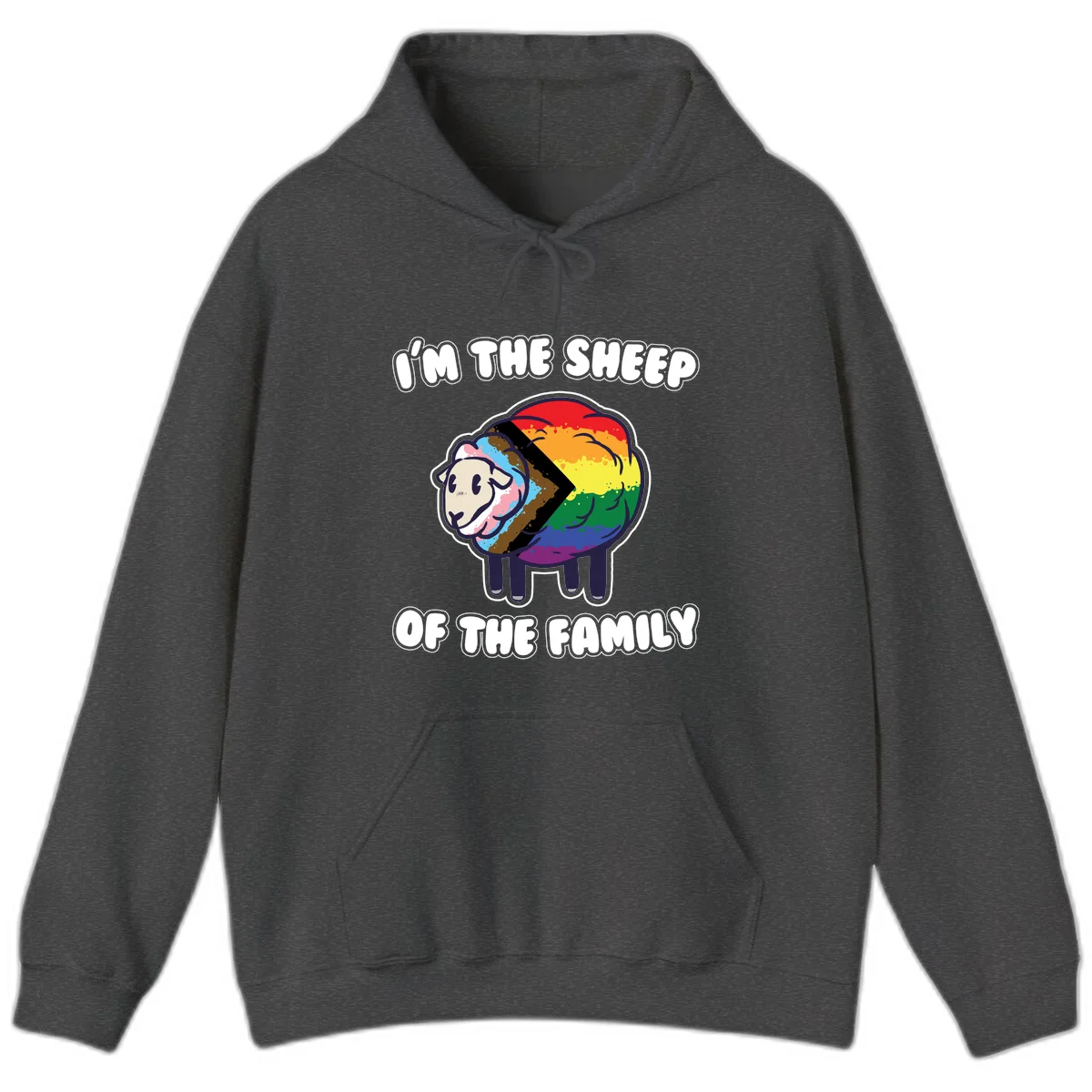 Cartoon sheep filled with rainbow and progress pride flag colors with text 'I'm the sheep of the family' in Dark Heather