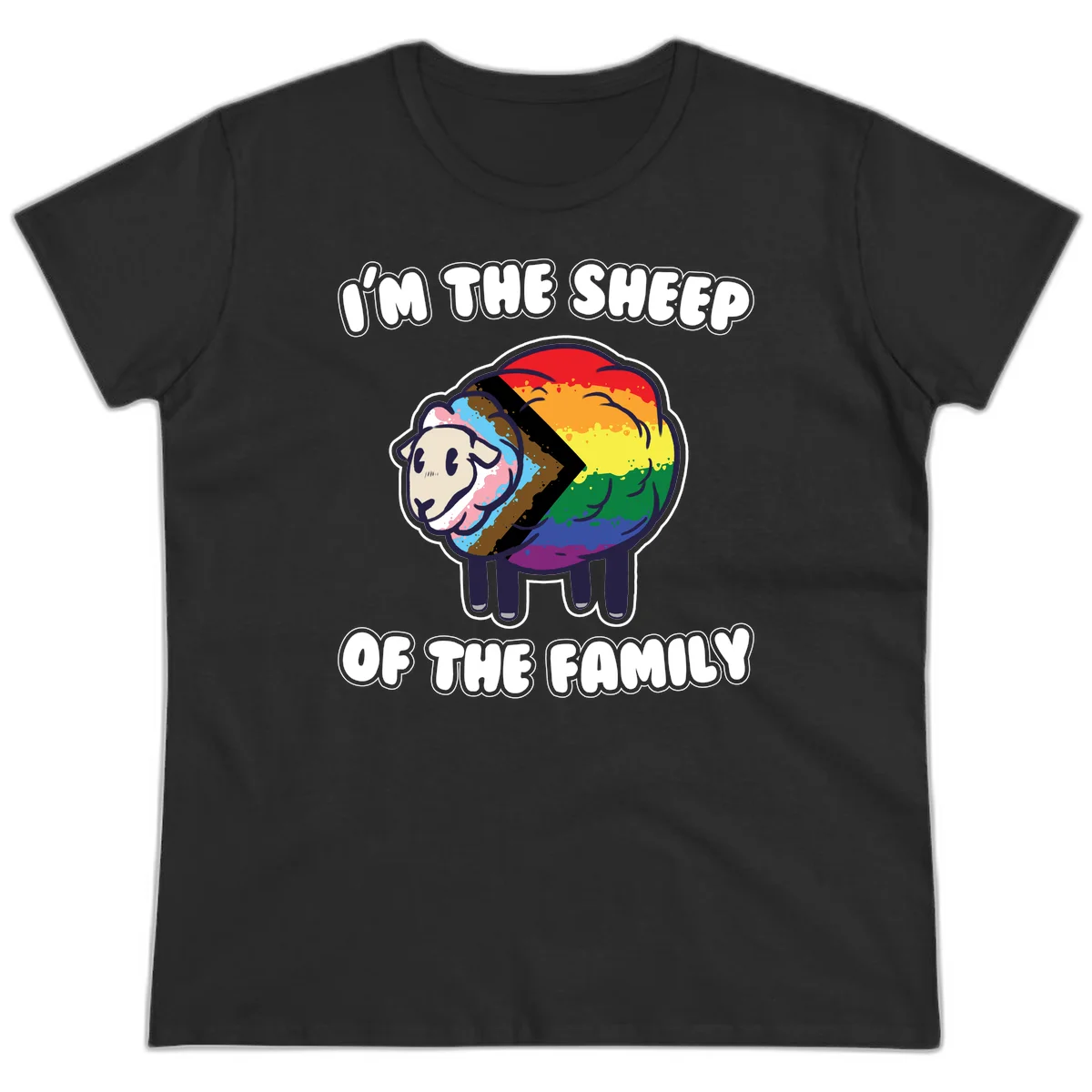 Cartoon sheep filled with rainbow and progress pride flag colors with text 'I'm the sheep of the family' in Black