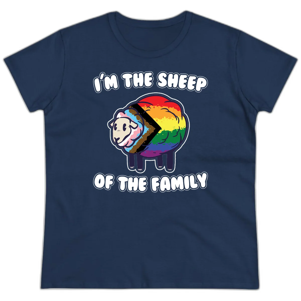 Cartoon sheep filled with rainbow and progress pride flag colors with text 'I'm the sheep of the family' in Navy