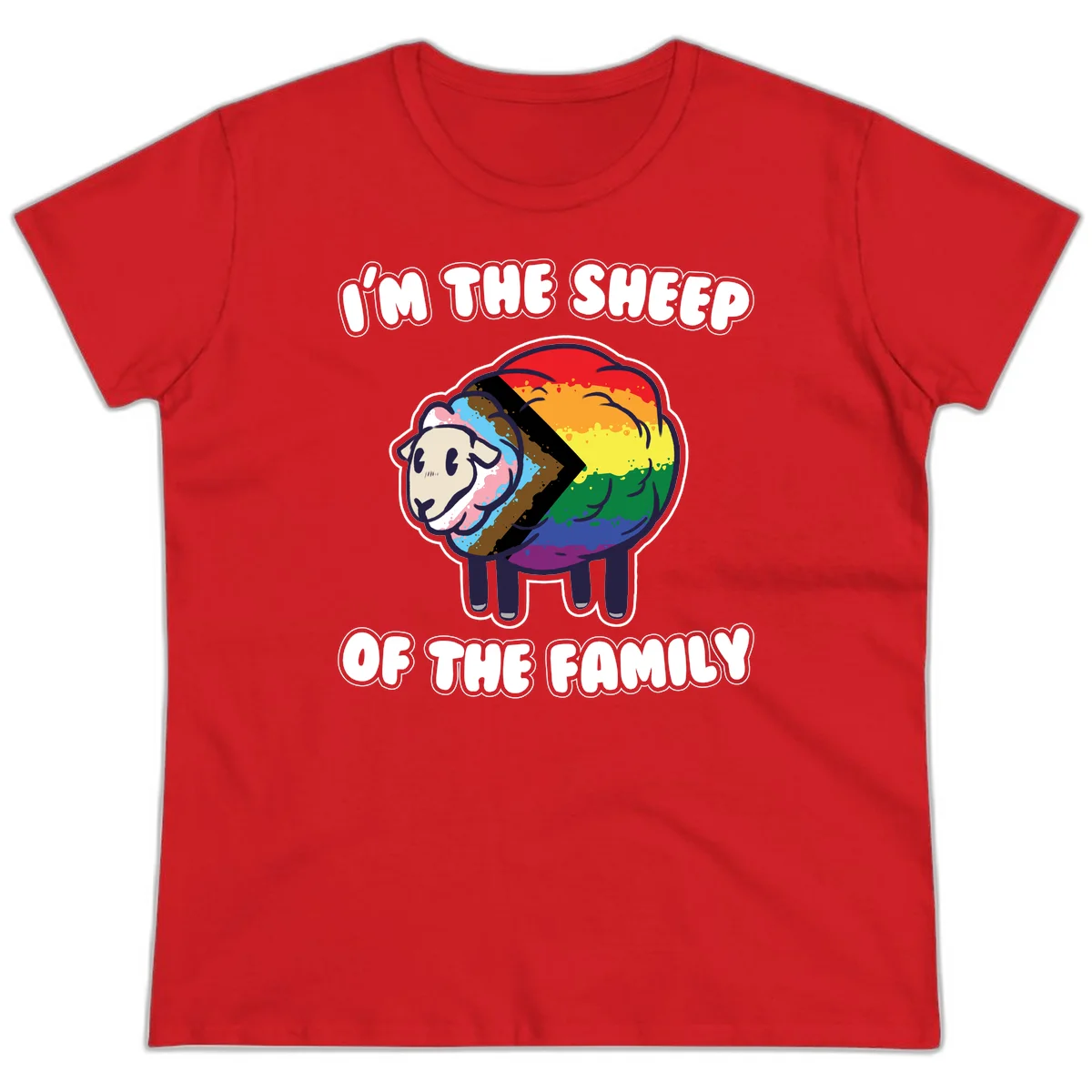 Cartoon sheep filled with rainbow and progress pride flag colors with text 'I'm the sheep of the family' in Red