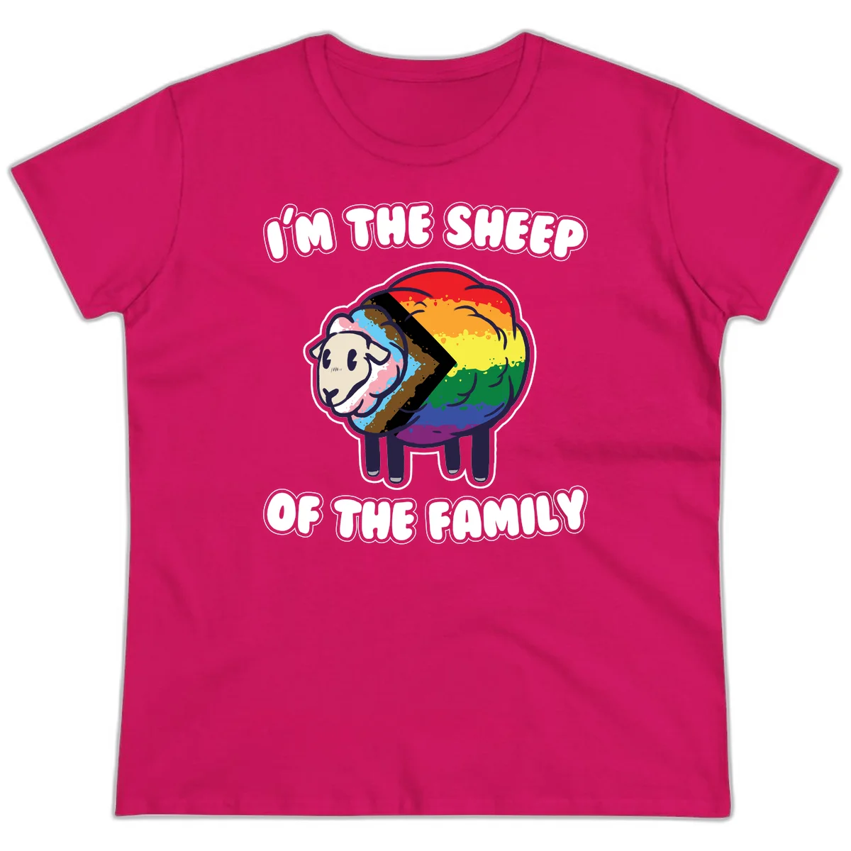 Cartoon sheep filled with rainbow and progress pride flag colors with text 'I'm the sheep of the family' in Heliconia