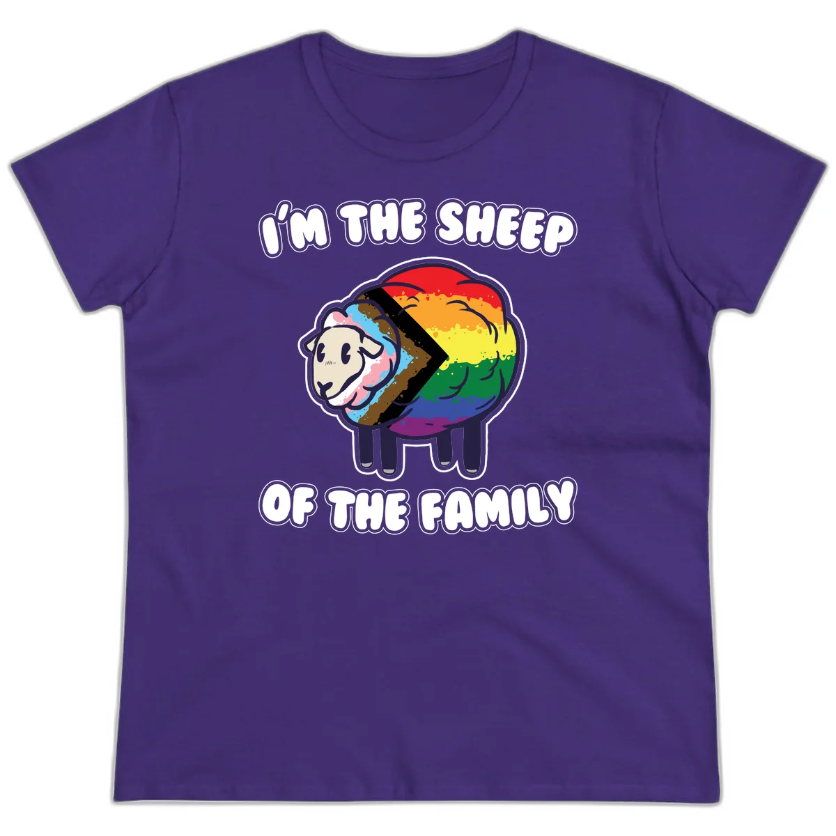 Cartoon sheep filled with rainbow and progress pride flag colors with text 'I'm the sheep of the family' in Purple