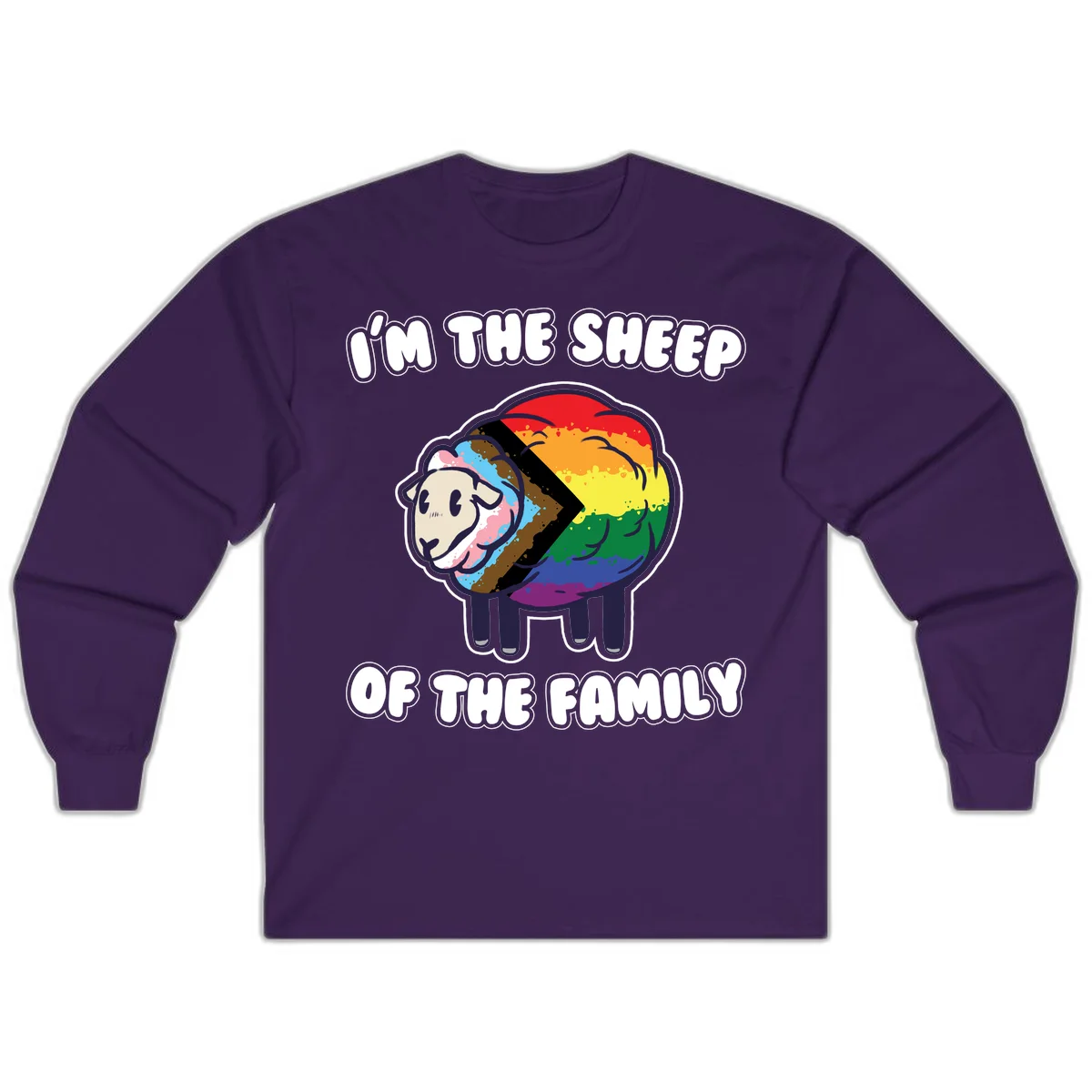 Cartoon sheep filled with rainbow and progress pride flag colors with text 'I'm the sheep of the family' in Purple