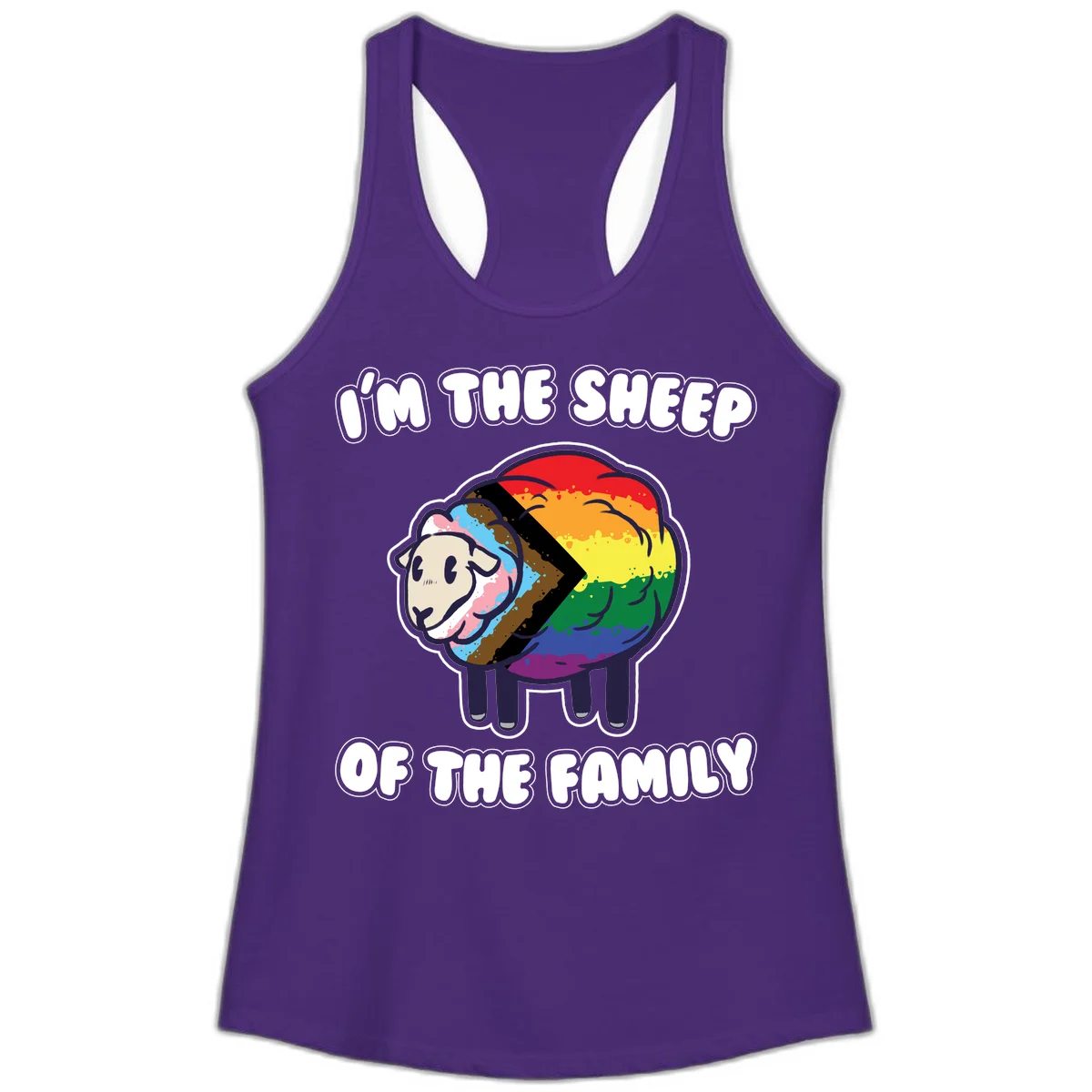 Cartoon sheep filled with rainbow and progress pride flag colors with text 'I'm the sheep of the family' in Solid Purple Rush