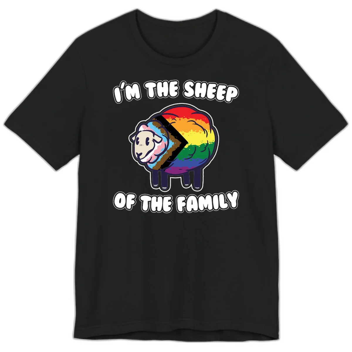 Cartoon sheep filled with rainbow and progress pride flag colors with text 'I'm the sheep of the family' in Black
