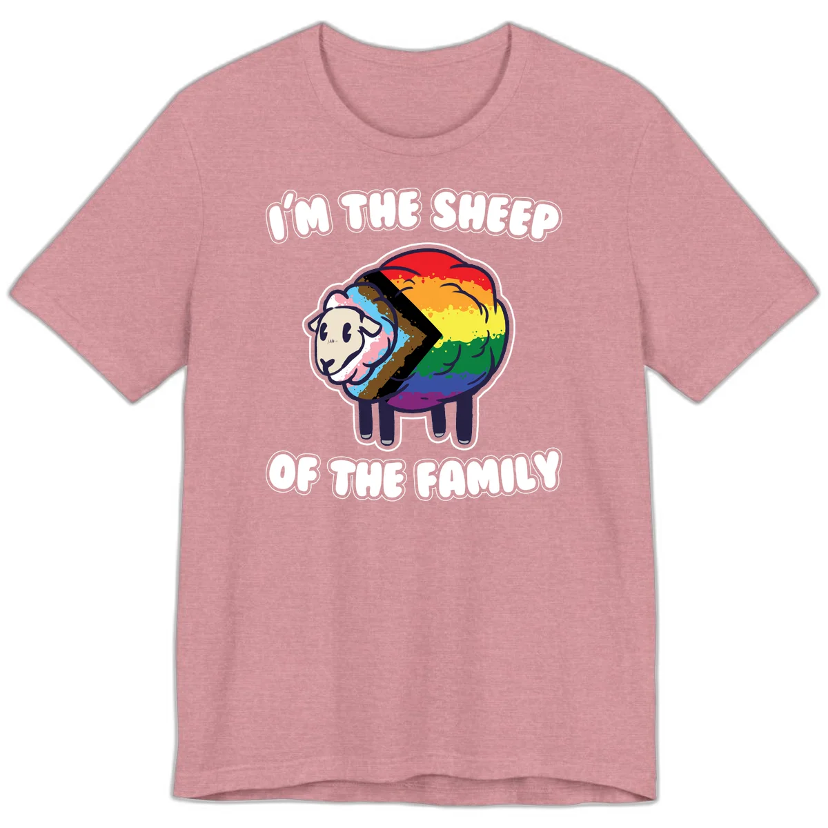 Cartoon sheep filled with rainbow and progress pride flag colors with text 'I'm the sheep of the family' in Heather Orchid