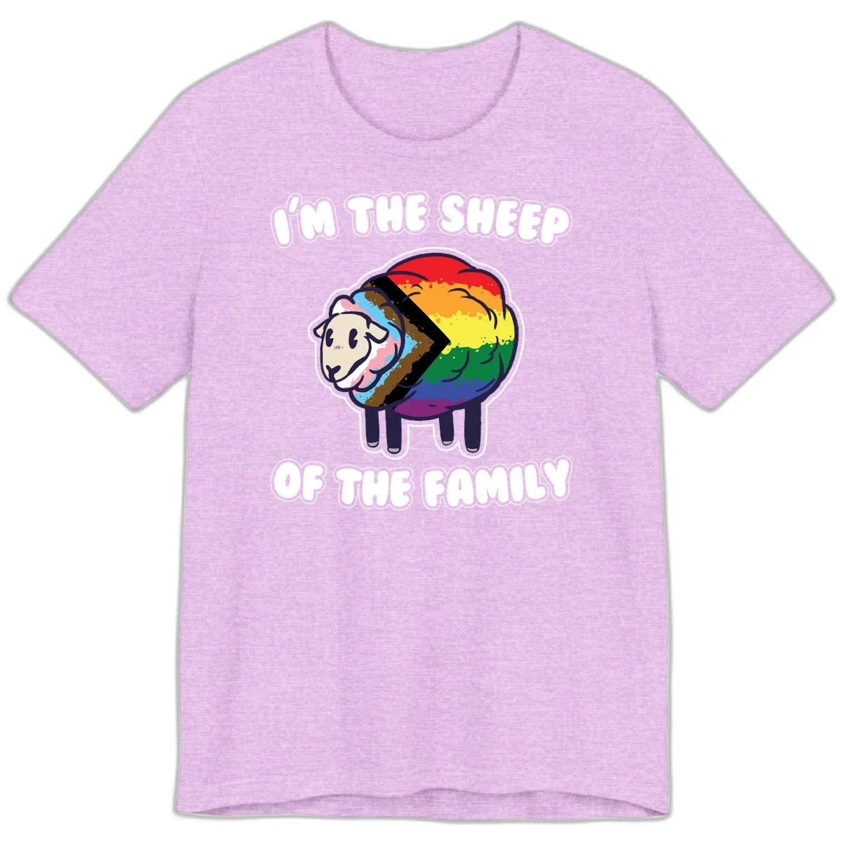 Cartoon sheep filled with rainbow and progress pride flag colors with text 'I'm the sheep of the family' in Heather Prism Lilac