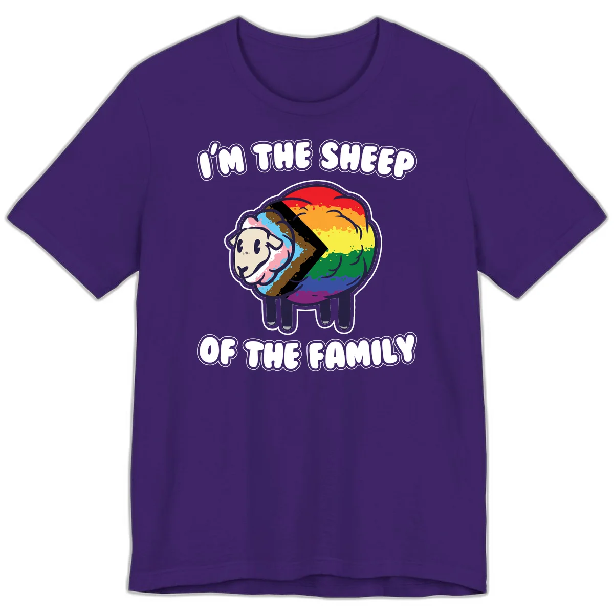 Cartoon sheep filled with rainbow and progress pride flag colors with text 'I'm the sheep of the family' in Team Purple