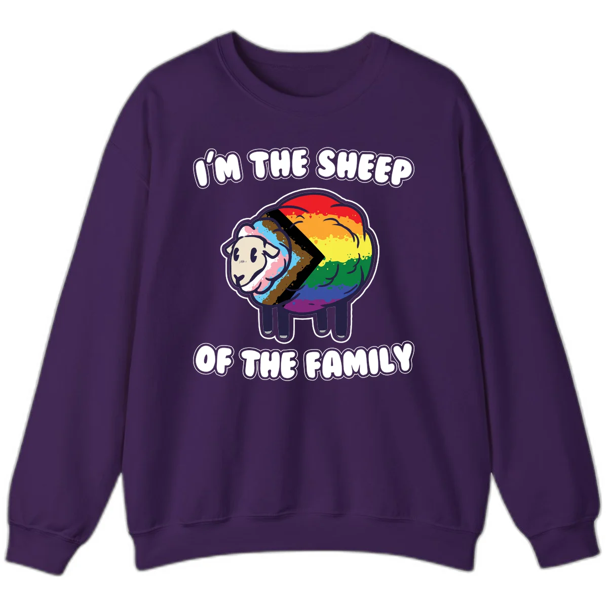 Cartoon sheep filled with rainbow and progress pride flag colors with text 'I'm the sheep of the family' in Purple
