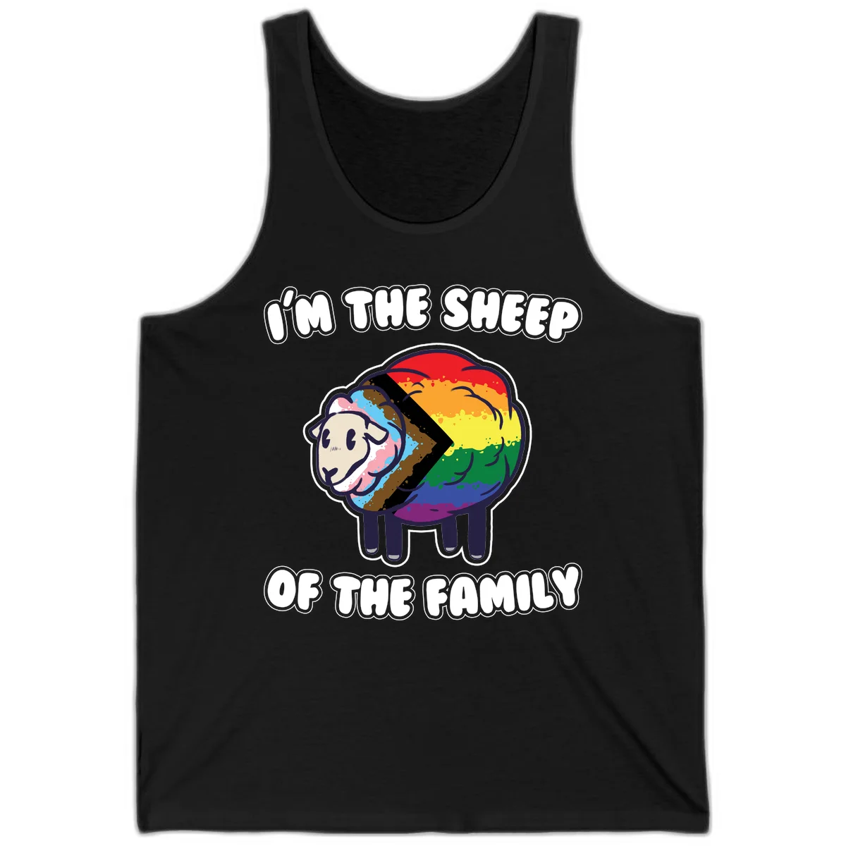 Cartoon sheep filled with rainbow and progress pride flag colors with text 'I'm the sheep of the family' in Black