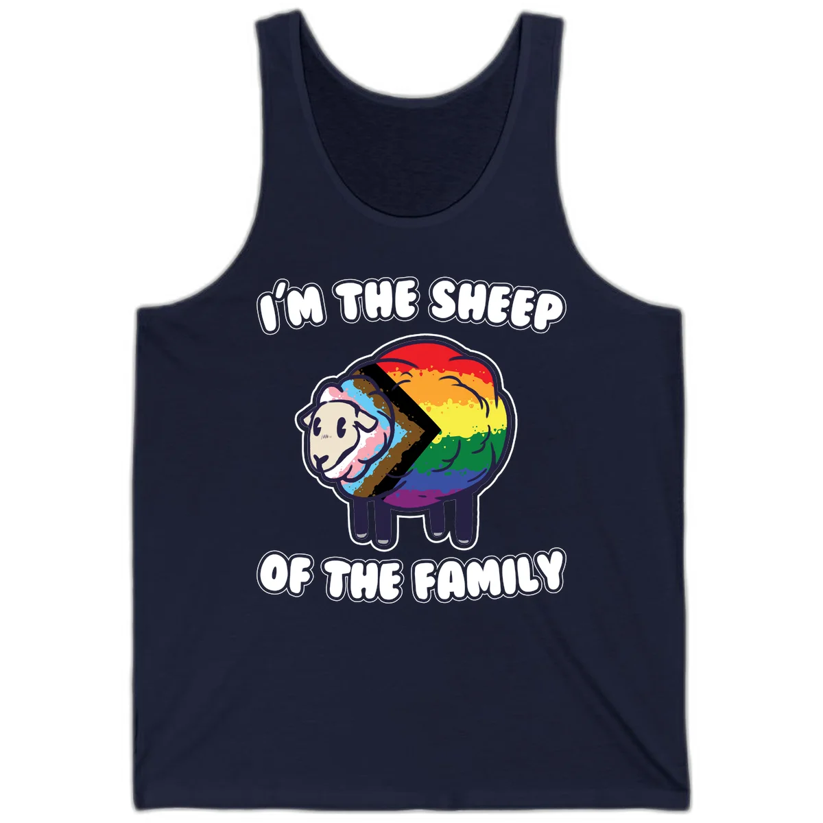 Cartoon sheep filled with rainbow and progress pride flag colors with text 'I'm the sheep of the family' in Navy