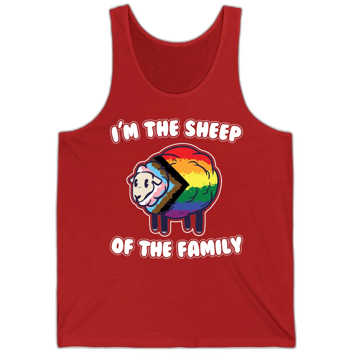 Cartoon sheep filled with rainbow and progress pride flag colors with text 'I'm the sheep of the family' in Red