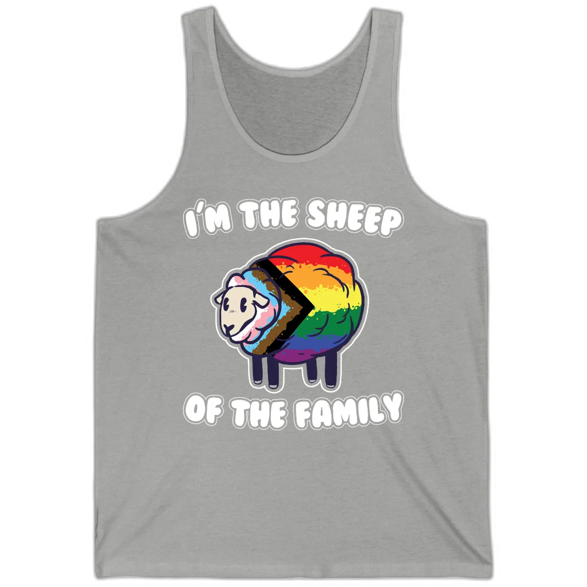 Cartoon sheep filled with rainbow and progress pride flag colors with text 'I'm the sheep of the family' in Athletic Heather