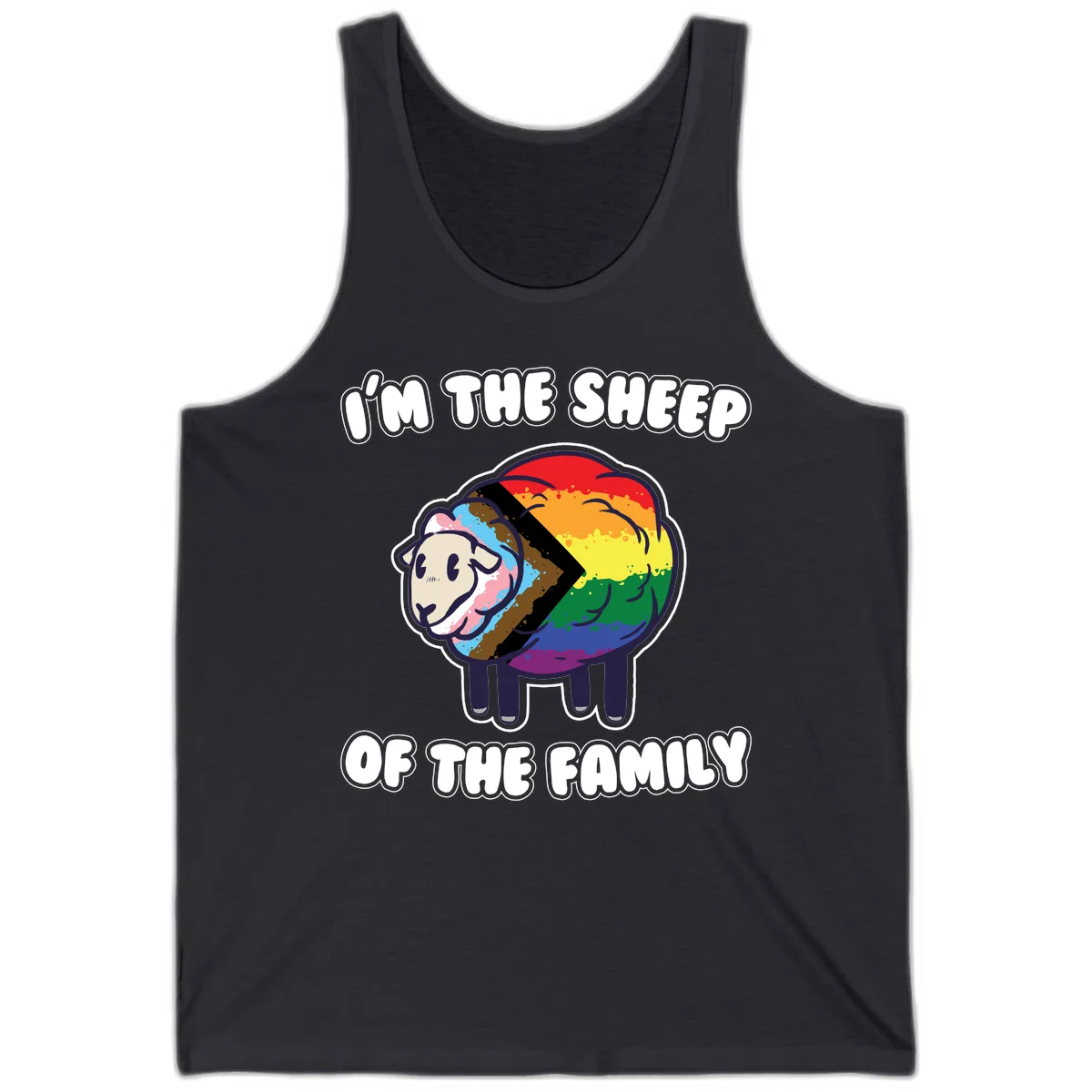 Cartoon sheep filled with rainbow and progress pride flag colors with text 'I'm the sheep of the family' in Dark Grey