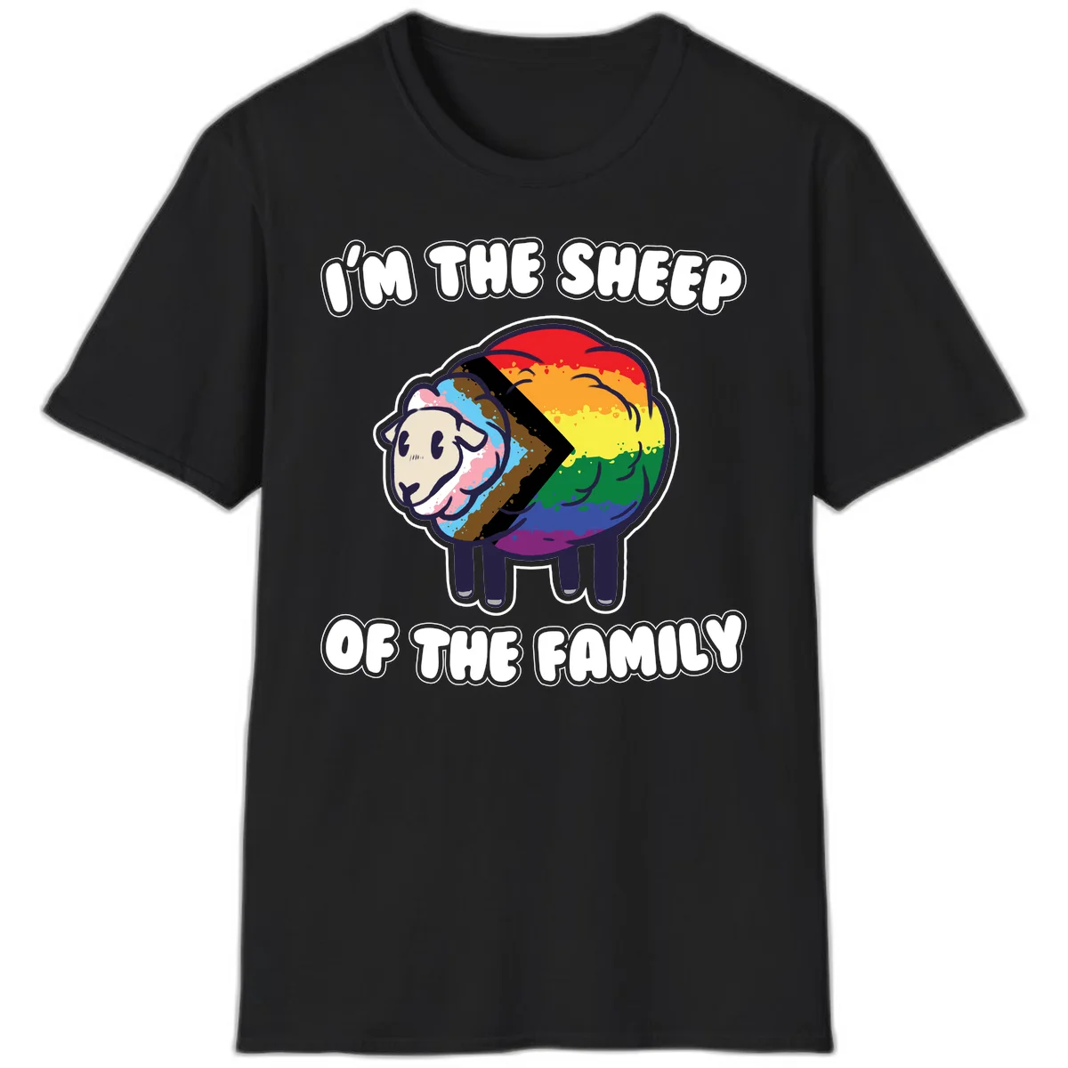 Cartoon sheep filled with rainbow and progress pride flag colors with text 'I'm the sheep of the family' in Black