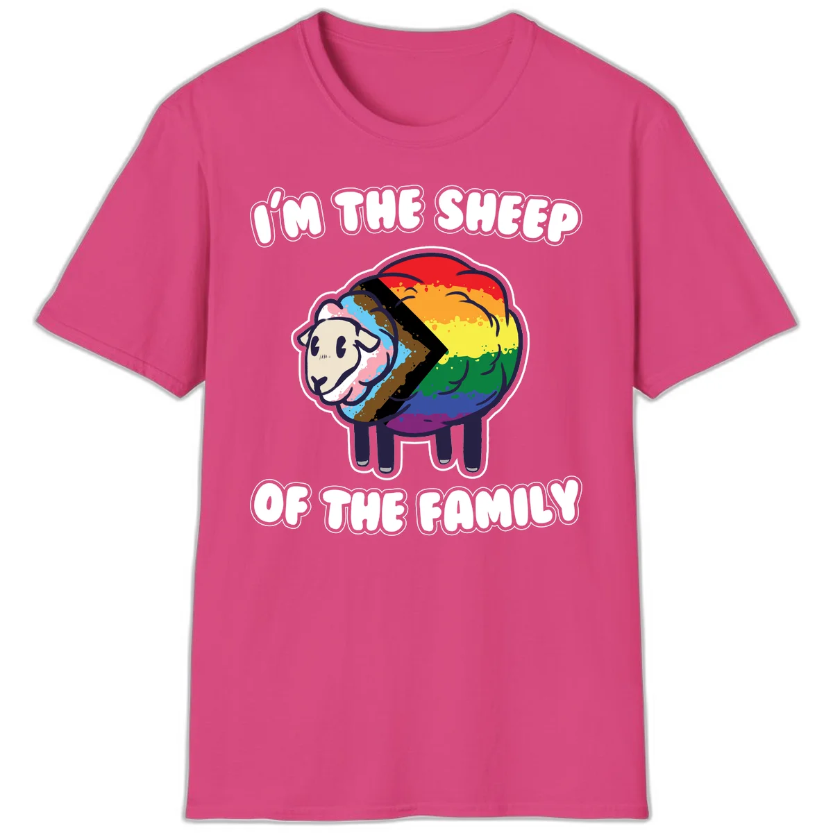 Cartoon sheep filled with rainbow and progress pride flag colors with text 'I'm the sheep of the family' in Heliconia