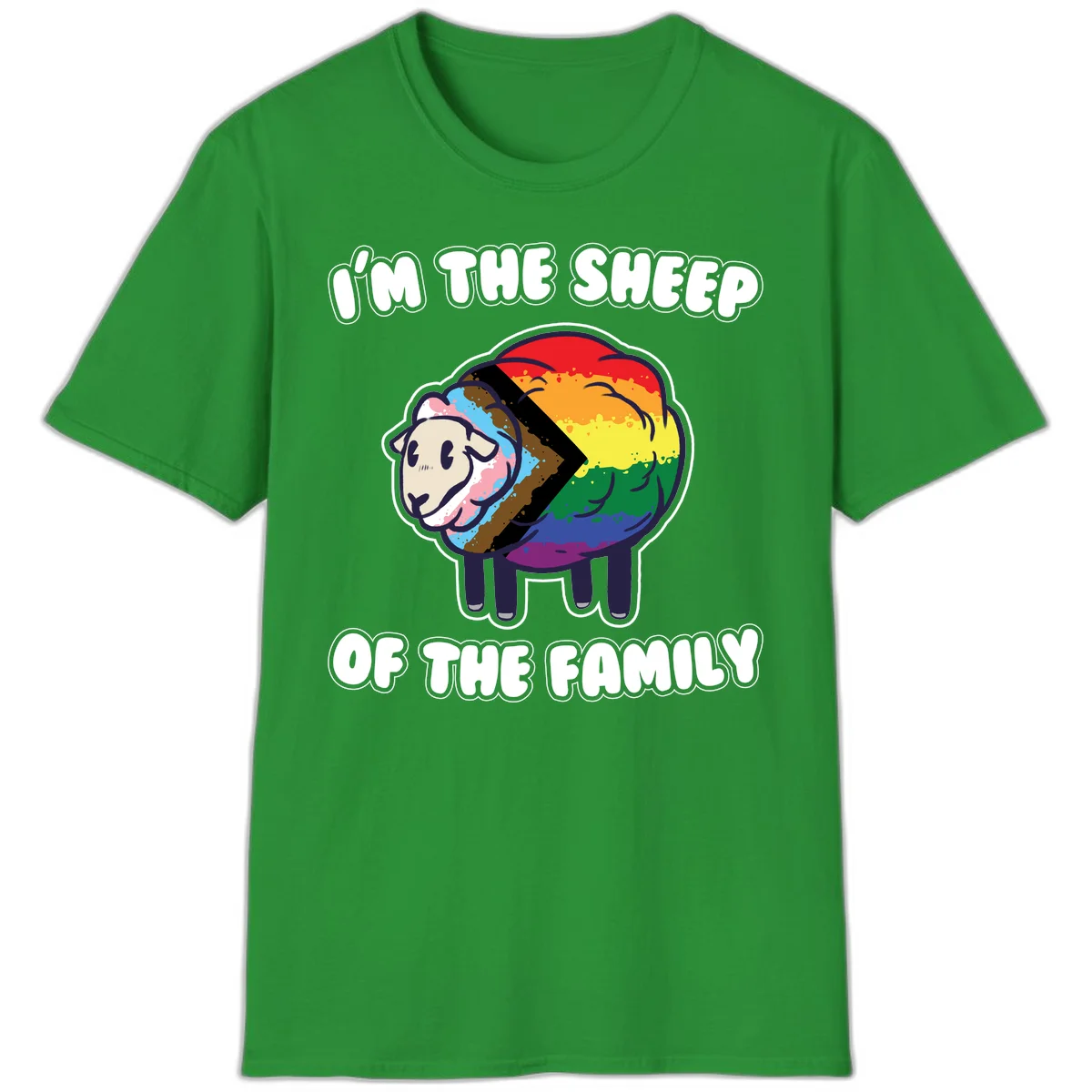 Cartoon sheep filled with rainbow and progress pride flag colors with text 'I'm the sheep of the family' in Irish Green