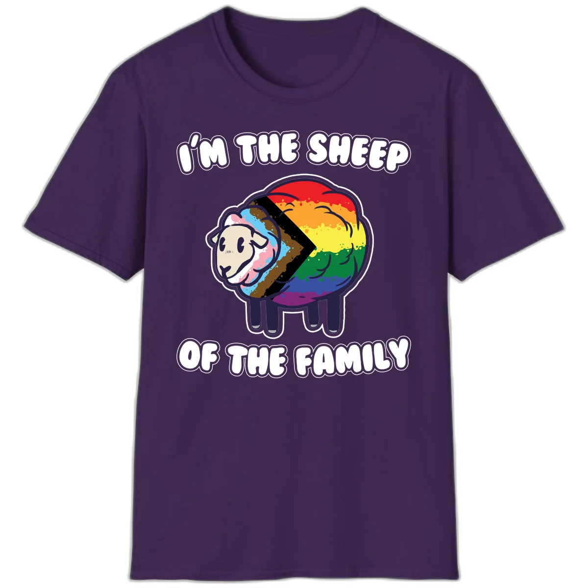 Cartoon sheep filled with rainbow and progress pride flag colors with text 'I'm the sheep of the family' in Purple