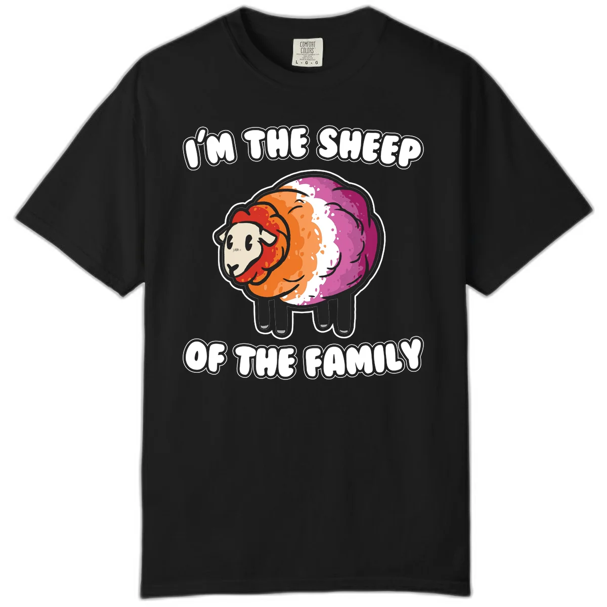 Colorful cartoon sheep with rainbow wool stripes and text 'I'm The Sheep Of The Family' on gray background in Black
