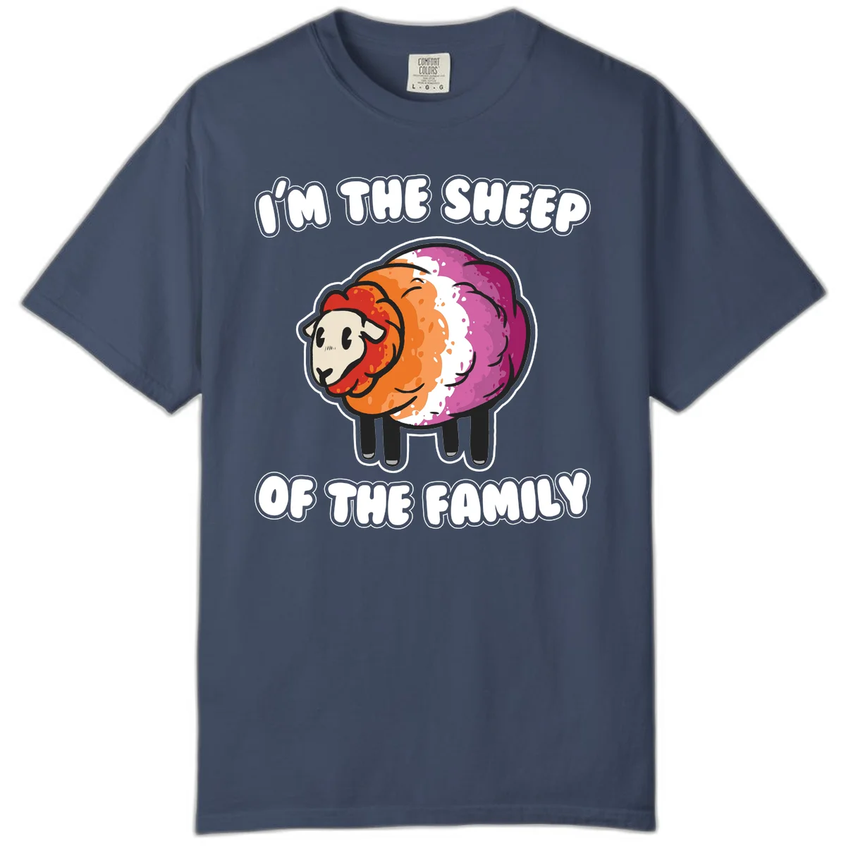 Colorful cartoon sheep with rainbow wool stripes and text 'I'm The Sheep Of The Family' on gray background in Midnight