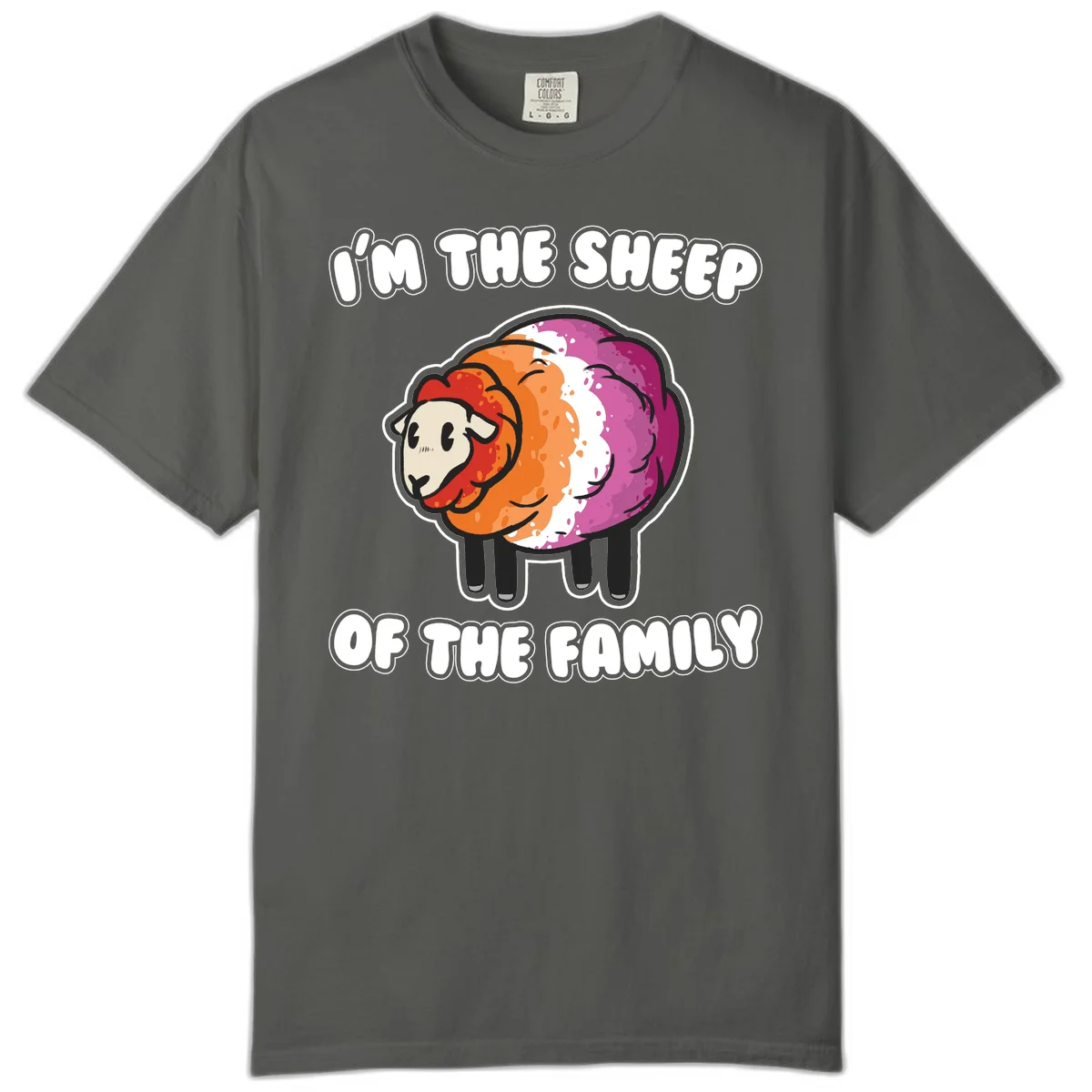 Colorful cartoon sheep with rainbow wool stripes and text 'I'm The Sheep Of The Family' on gray background in Pepper