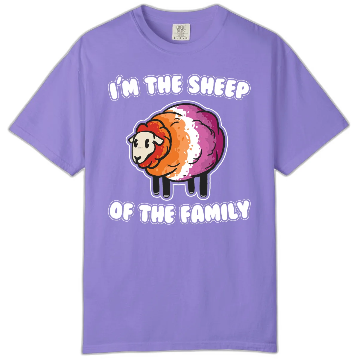 Colorful cartoon sheep with rainbow wool stripes and text 'I'm The Sheep Of The Family' on gray background in Violet