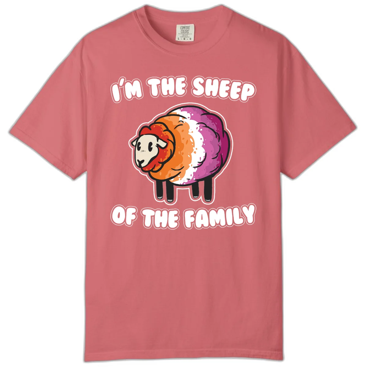 Colorful cartoon sheep with rainbow wool stripes and text 'I'm The Sheep Of The Family' on gray background in Watermelon