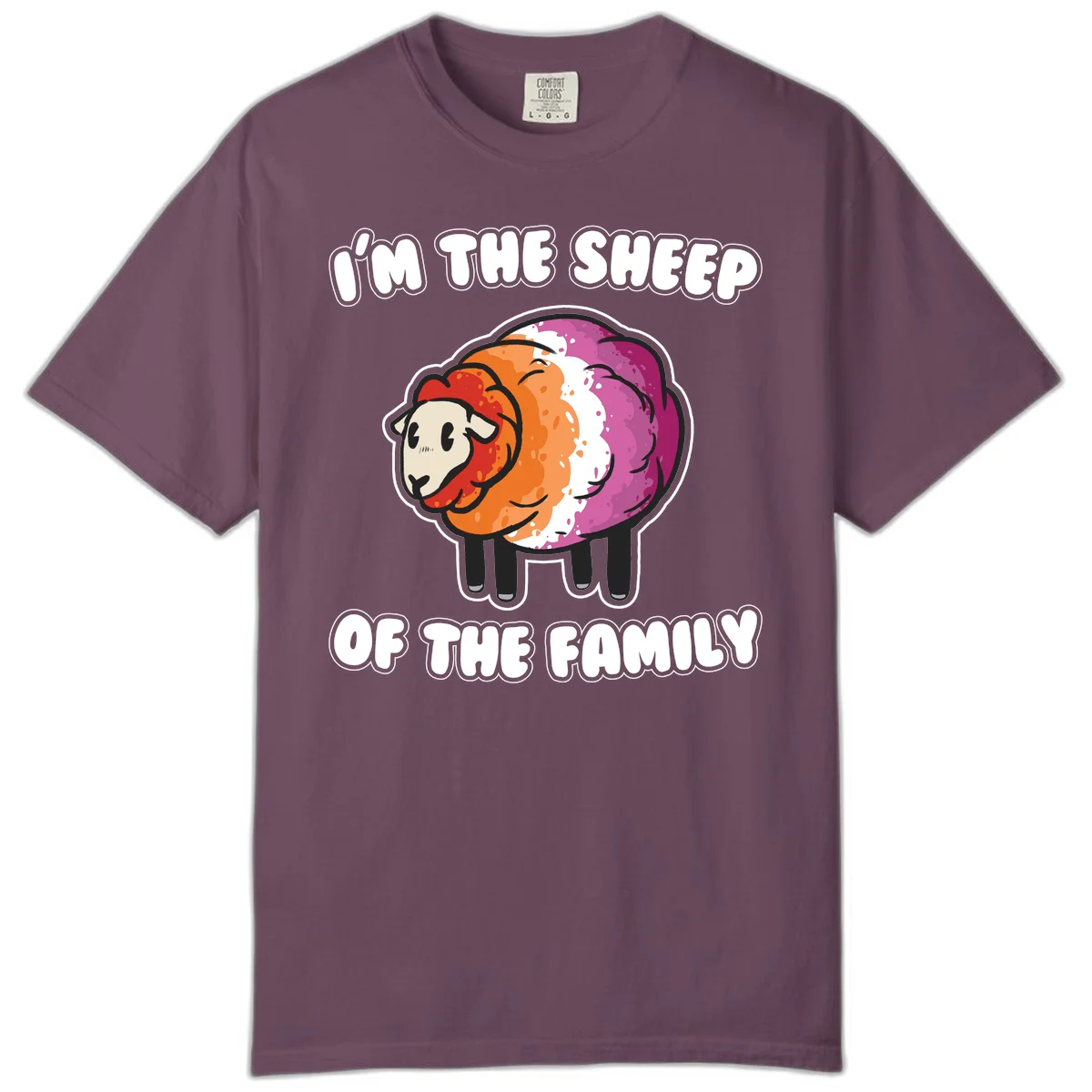 Colorful cartoon sheep with rainbow wool stripes and text 'I'm The Sheep Of The Family' on gray background in Berry